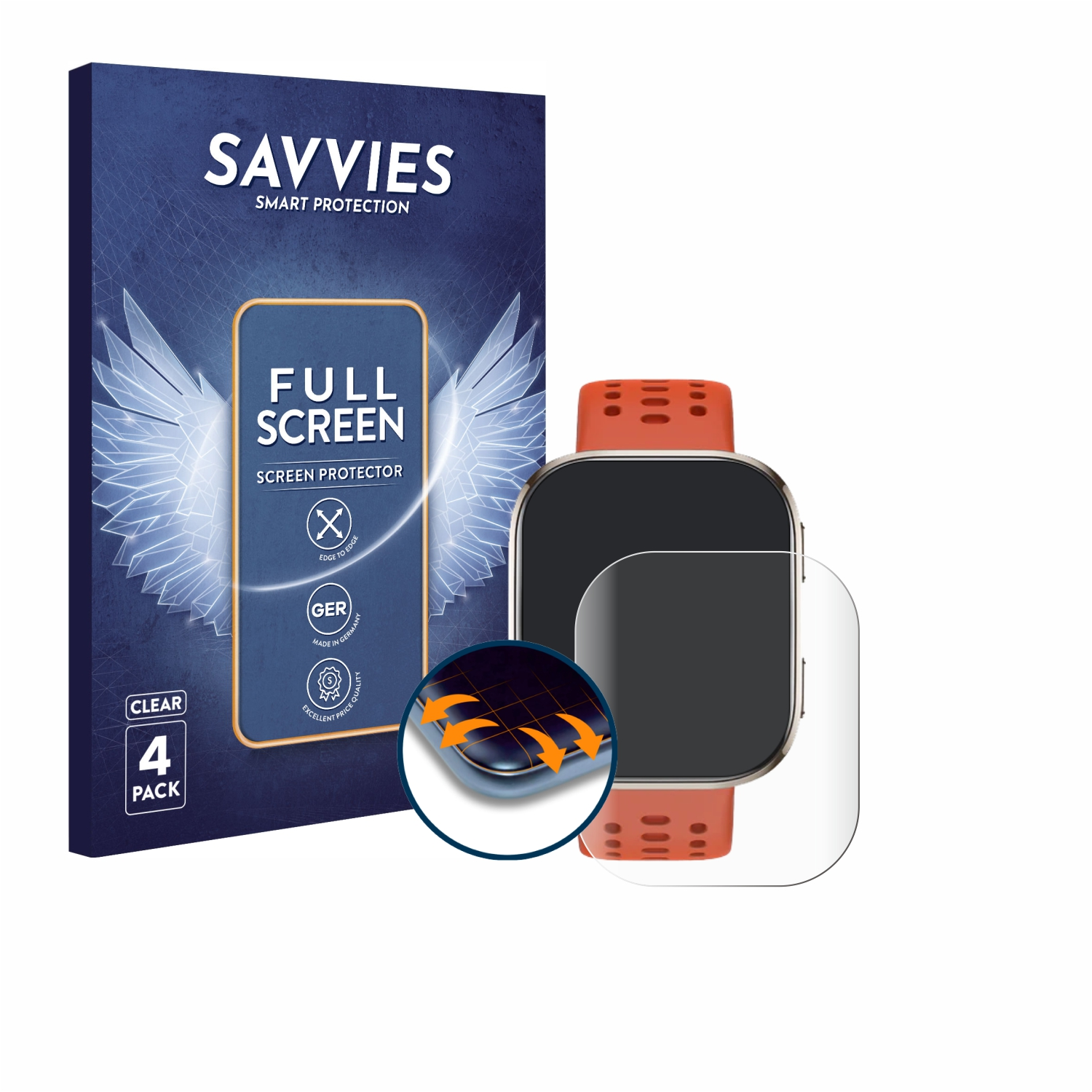 Eine Displayschutzbox und eine Smartwatch mit angebrachtem Displayschutz auf weißer Oberfläche.