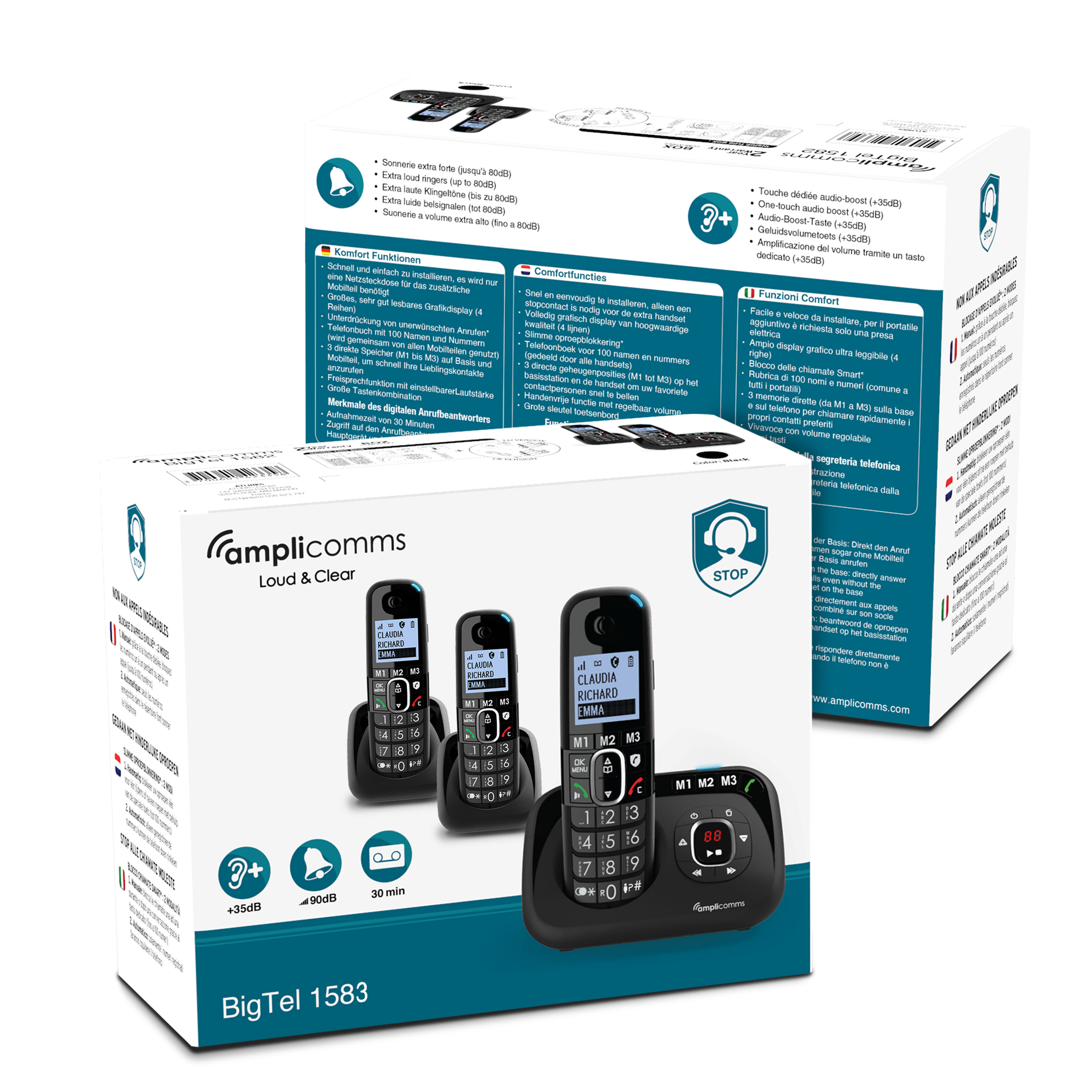 Witte doos met telefoon, basis en meertalige tekst.