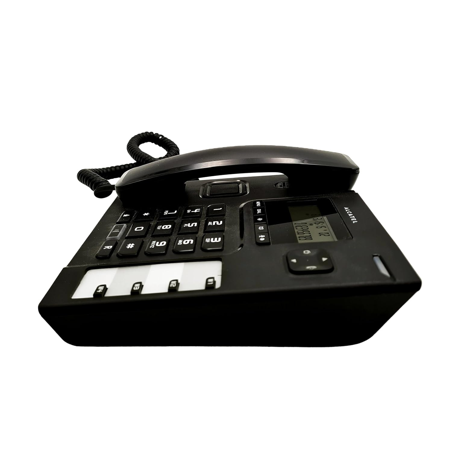 Czarny telefon Alcatel ze słuchawką, przyciskami i małym ekranem LCD.