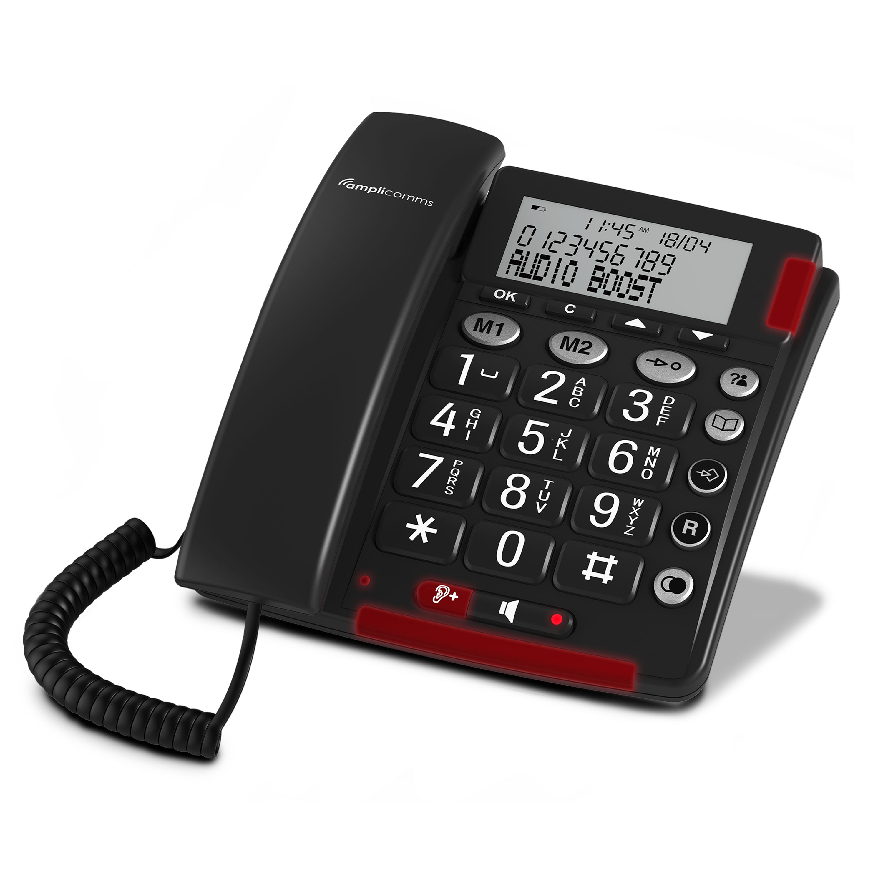 Un telefono nero amplificato con tasti grandi e uno schermo che mostra un numero di telefono e l'ora.
