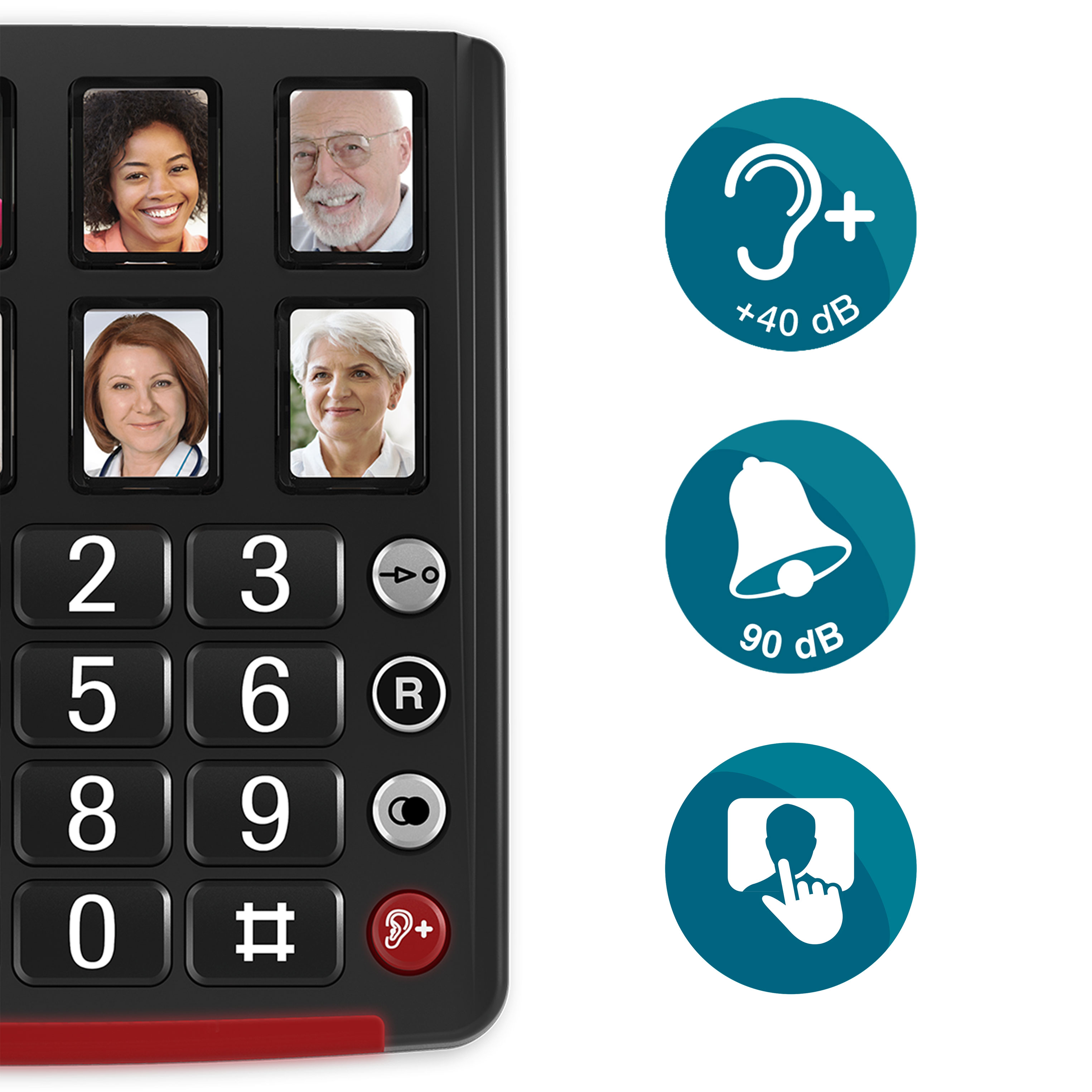 Téléphone à gros boutons avec photos de contact, compatibilité avec les appareils auditifs.