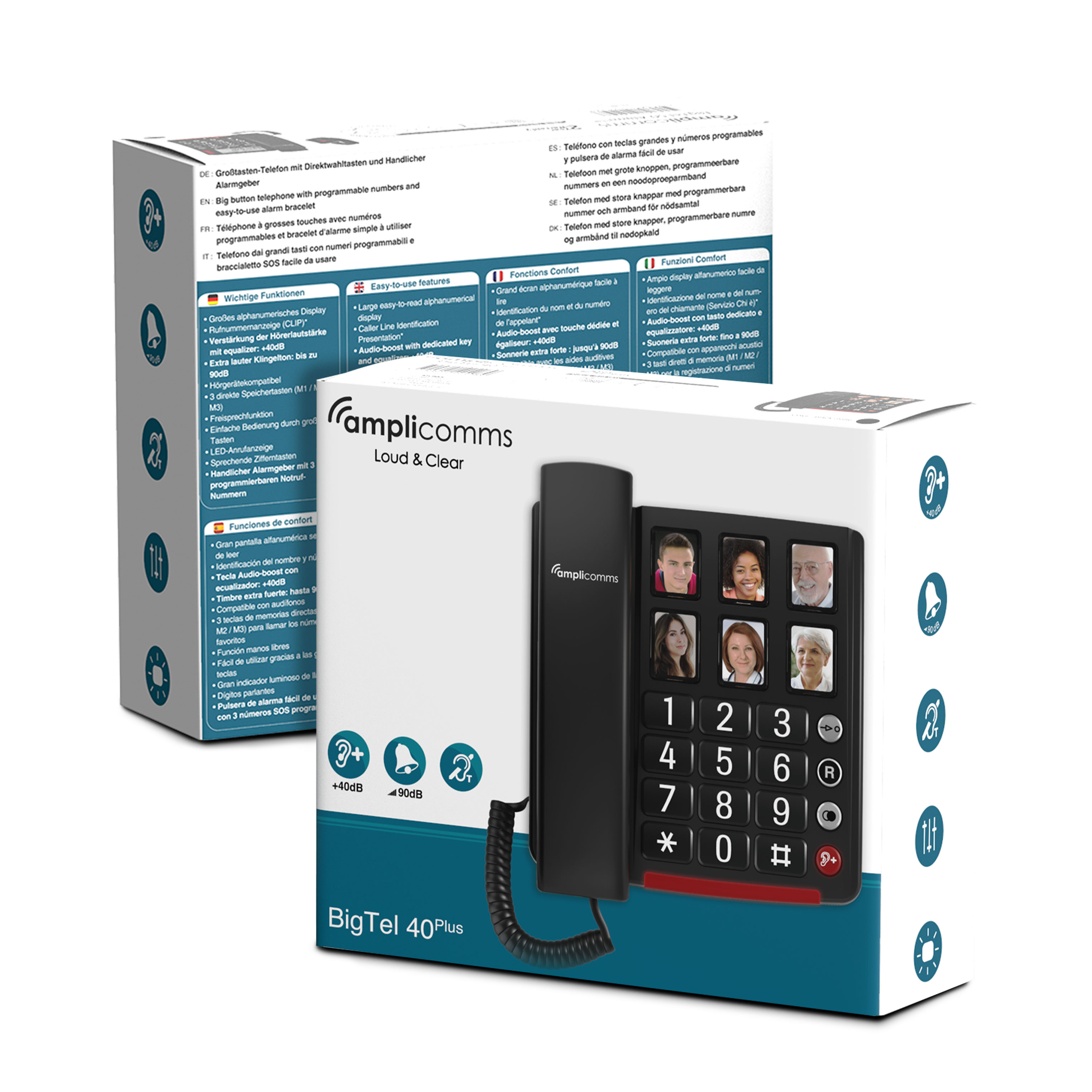 Eine Box mit einem Großtasten-Telefon mit einem Bild von Personen am Telefon.