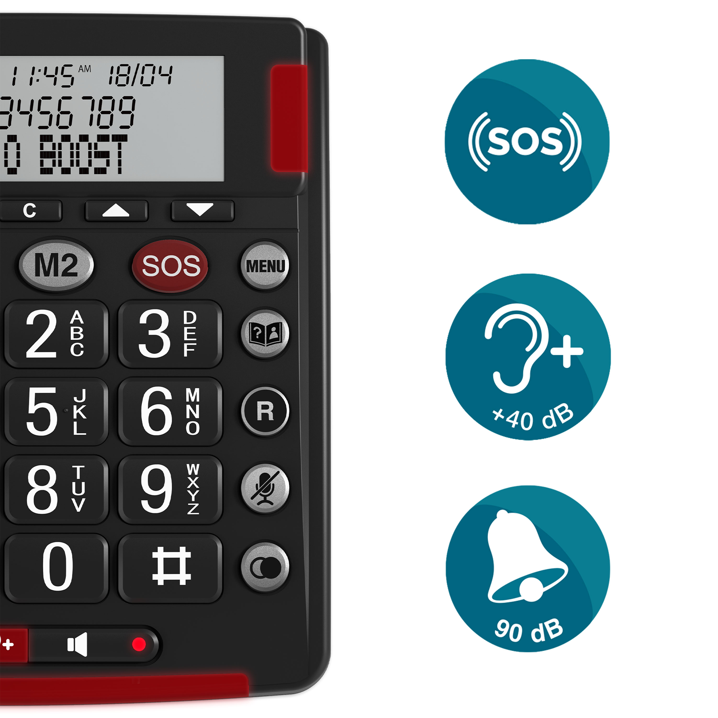 Ein schwarz-rotes Telefon mit großen Tasten und drei Symbolen, die SOS und Tonverstärkung anzeigen.