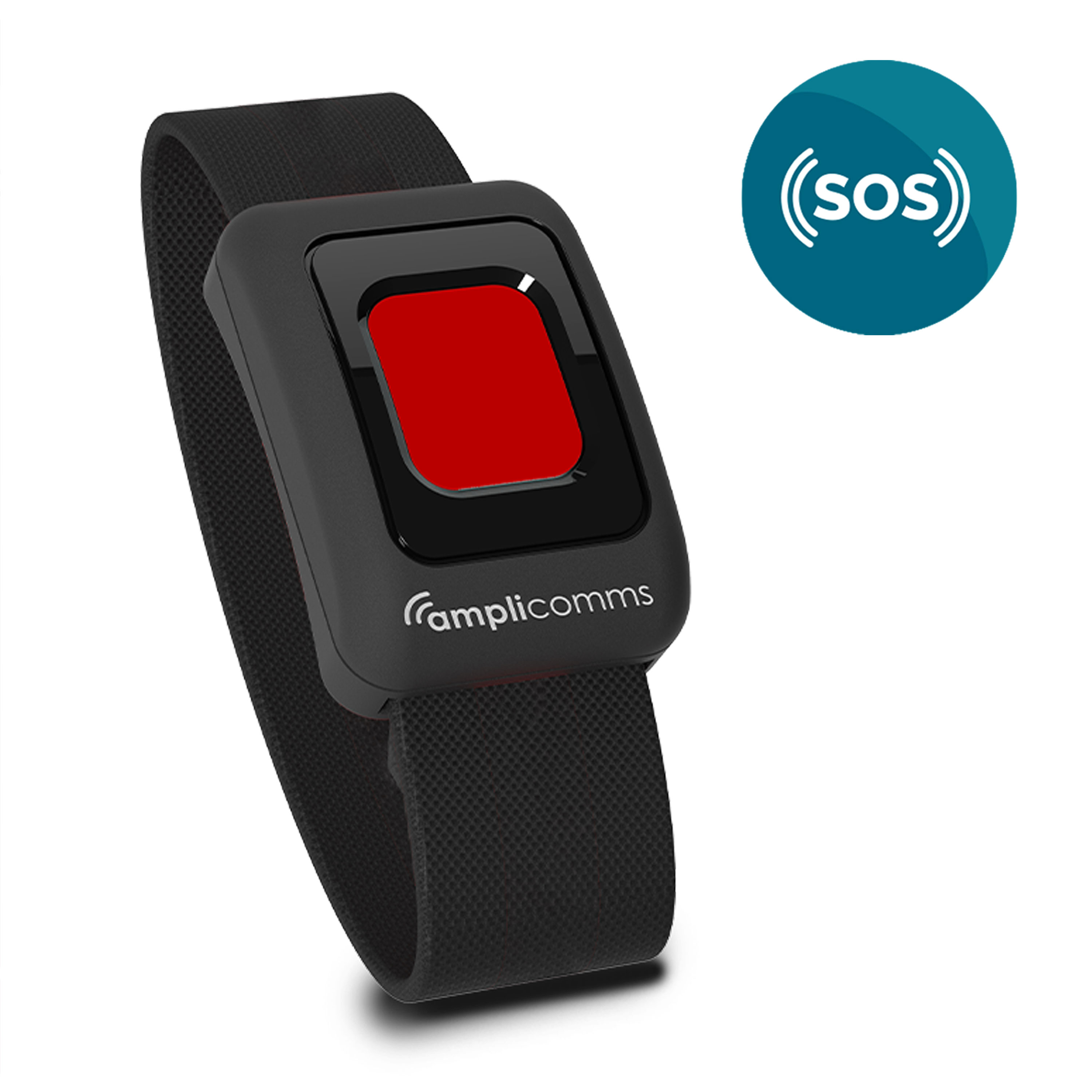 Zwarte Ampli-comms polsband met een rode SOS-knop en een SOS-logo in een blauwe cirkel.