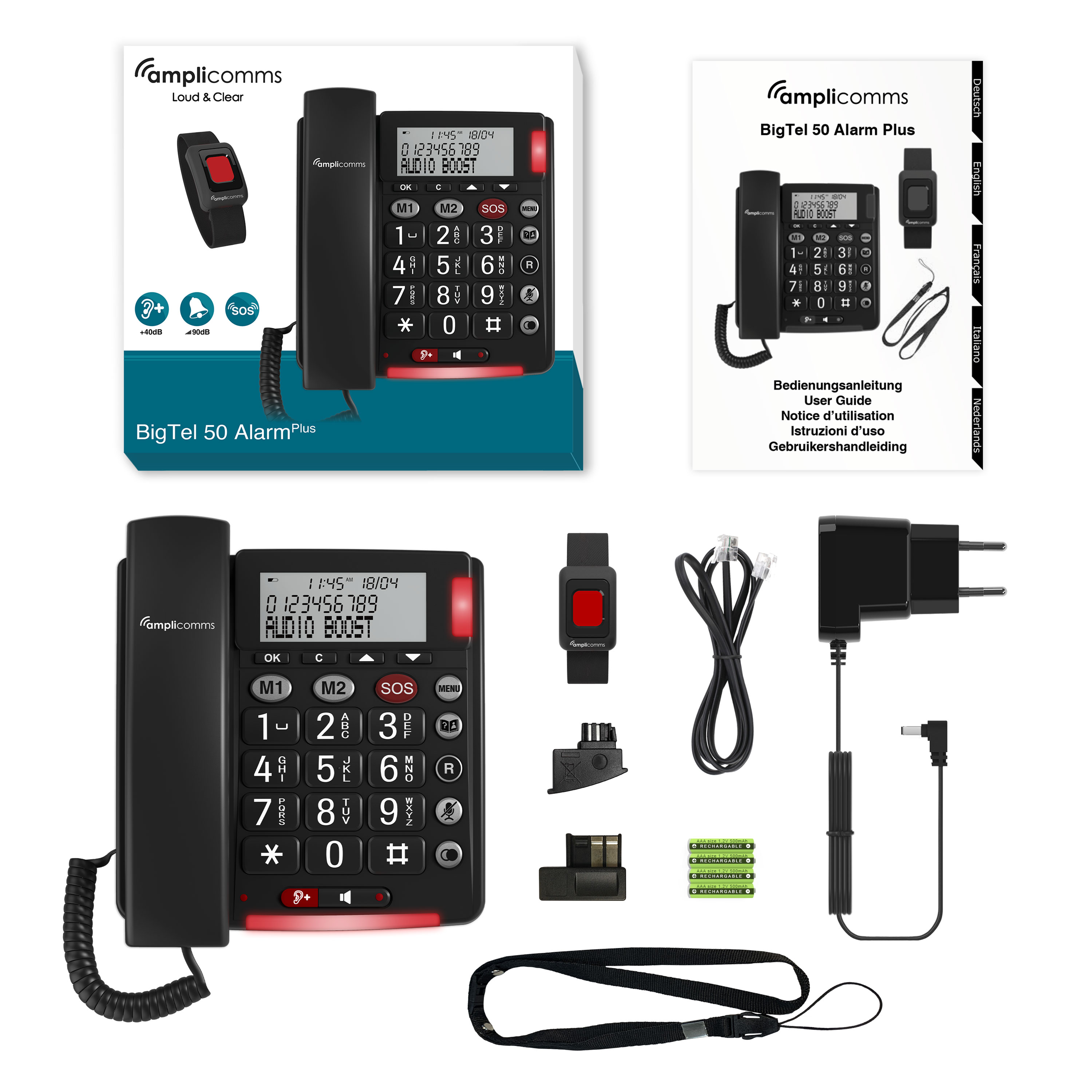 Een telefoon, een afstandsbediening, een oplader en een zwarte vaste telefoon met een rode SOS-knop.