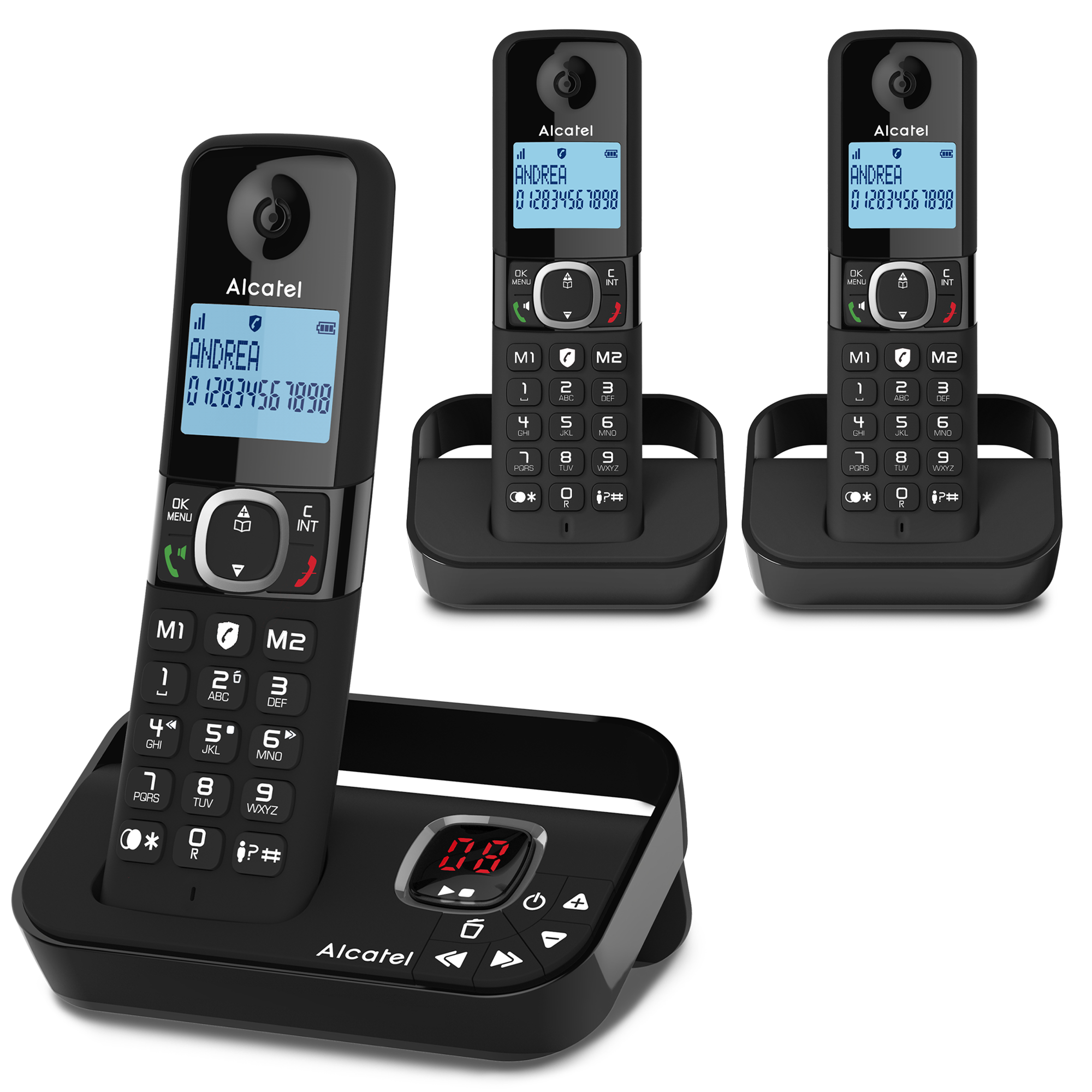 Alcatel draadloos telefoonsysteem, basis met display en twee handsets.