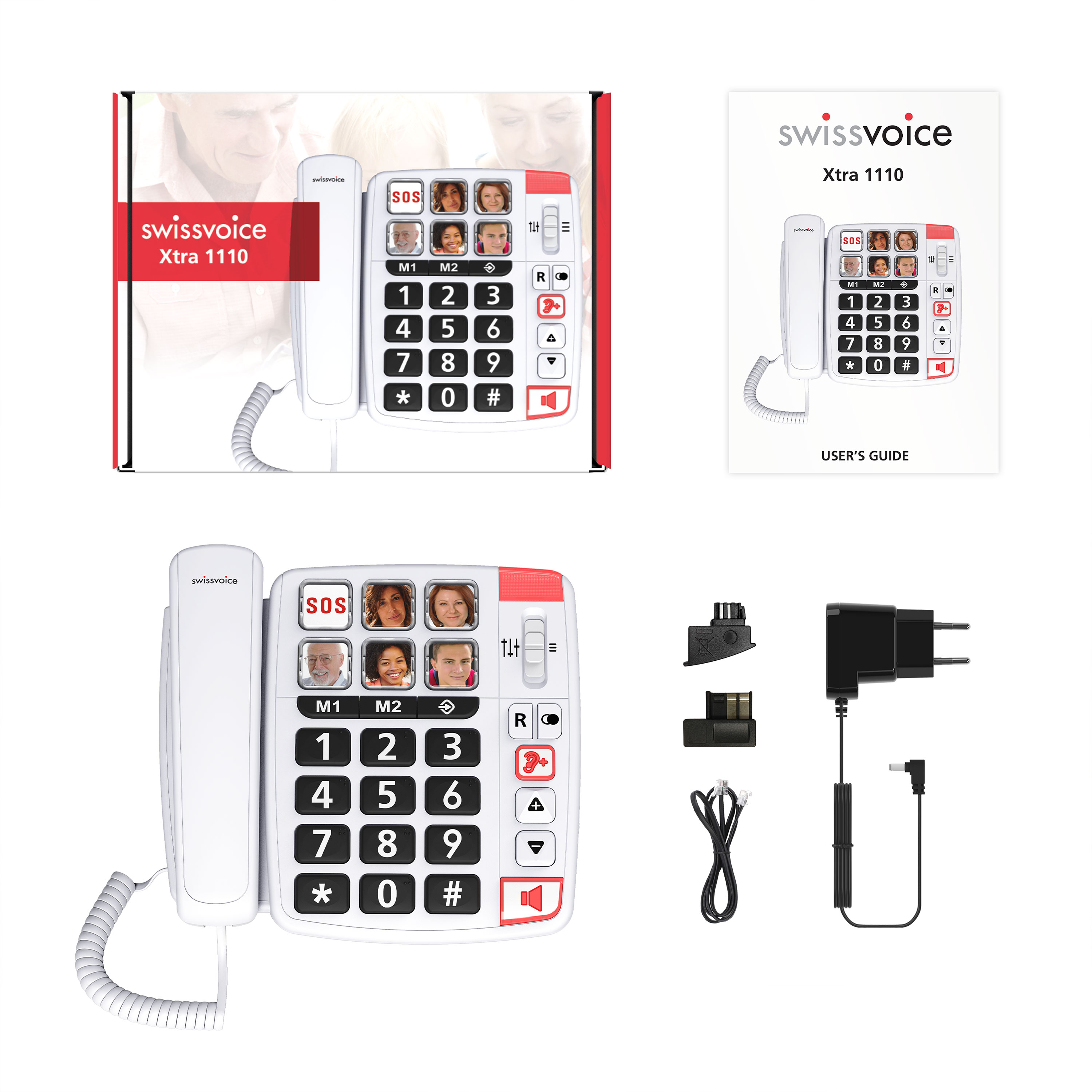 Teléfono blanco con botones grandes, accesorios y guía del usuario.