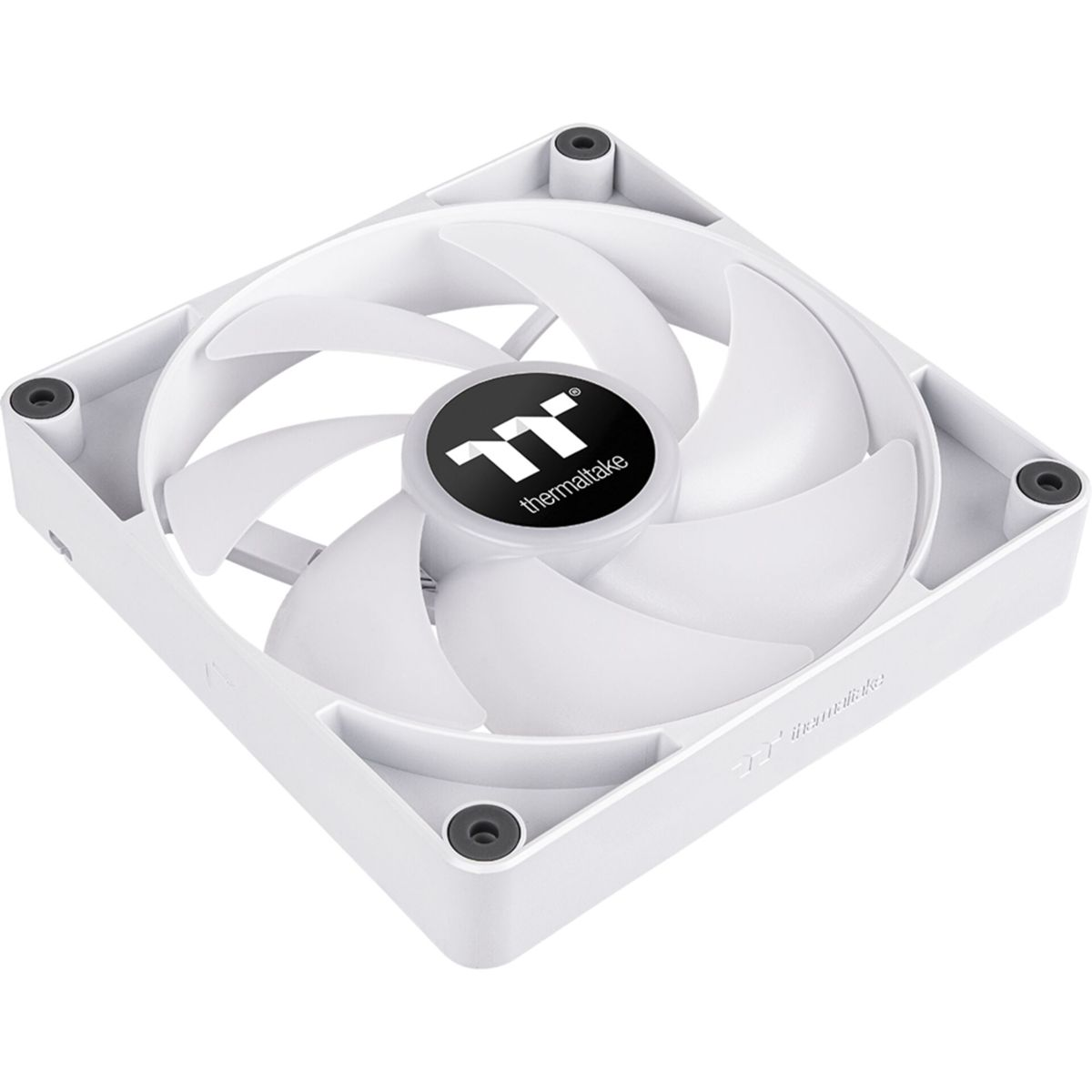 Un ventilateur blanc avec le logo Thermaltake. Le ventilateur a 7 pales et un cadre carré.