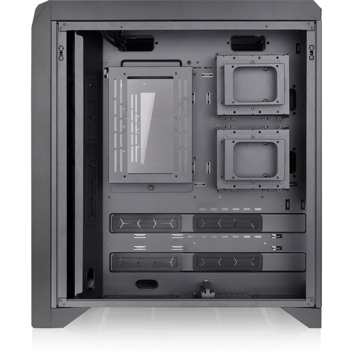 Interno vuoto di un case per computer nero, che mostra varie aree di montaggio.