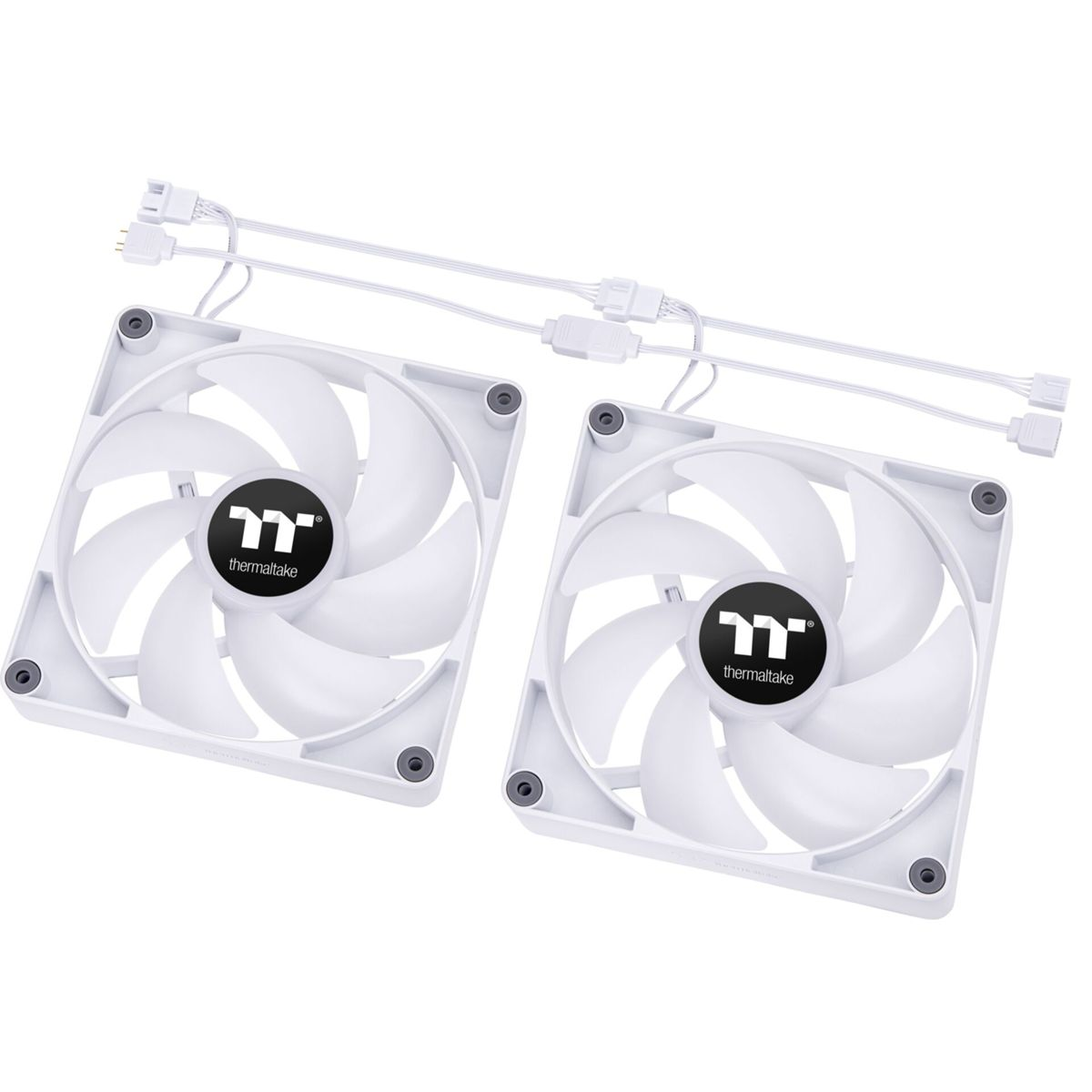 Zwei weiße Computerlüfter mit dem Thermaltake-Logo und Anschlusskabeln auf weißem Hintergrund.