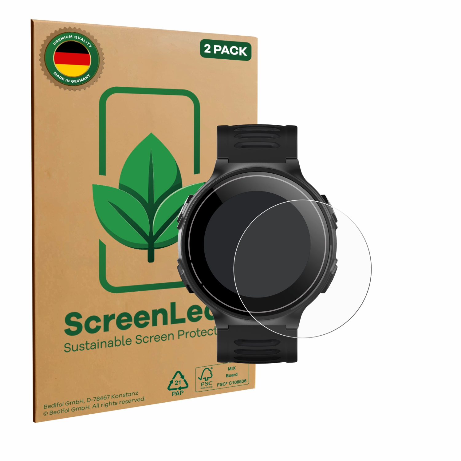 Displayschutzfolie für eine Smartwatch. Enthält die Box und einen klaren Protektor, neben der Smartwatch platziert.