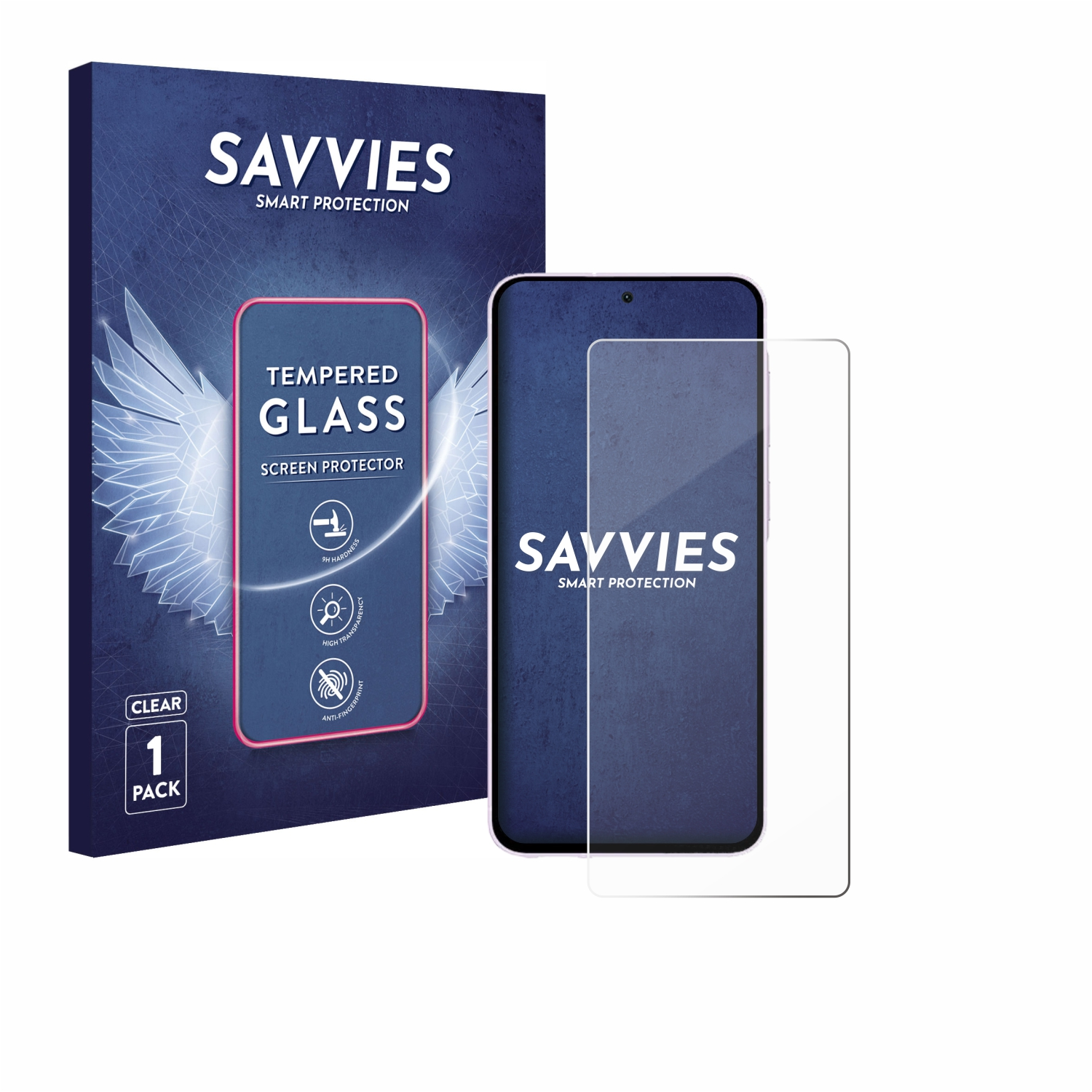Das Bild zeigt ein Telefon, Displayschutz und Verpackung. Der Schutz ist transparent.