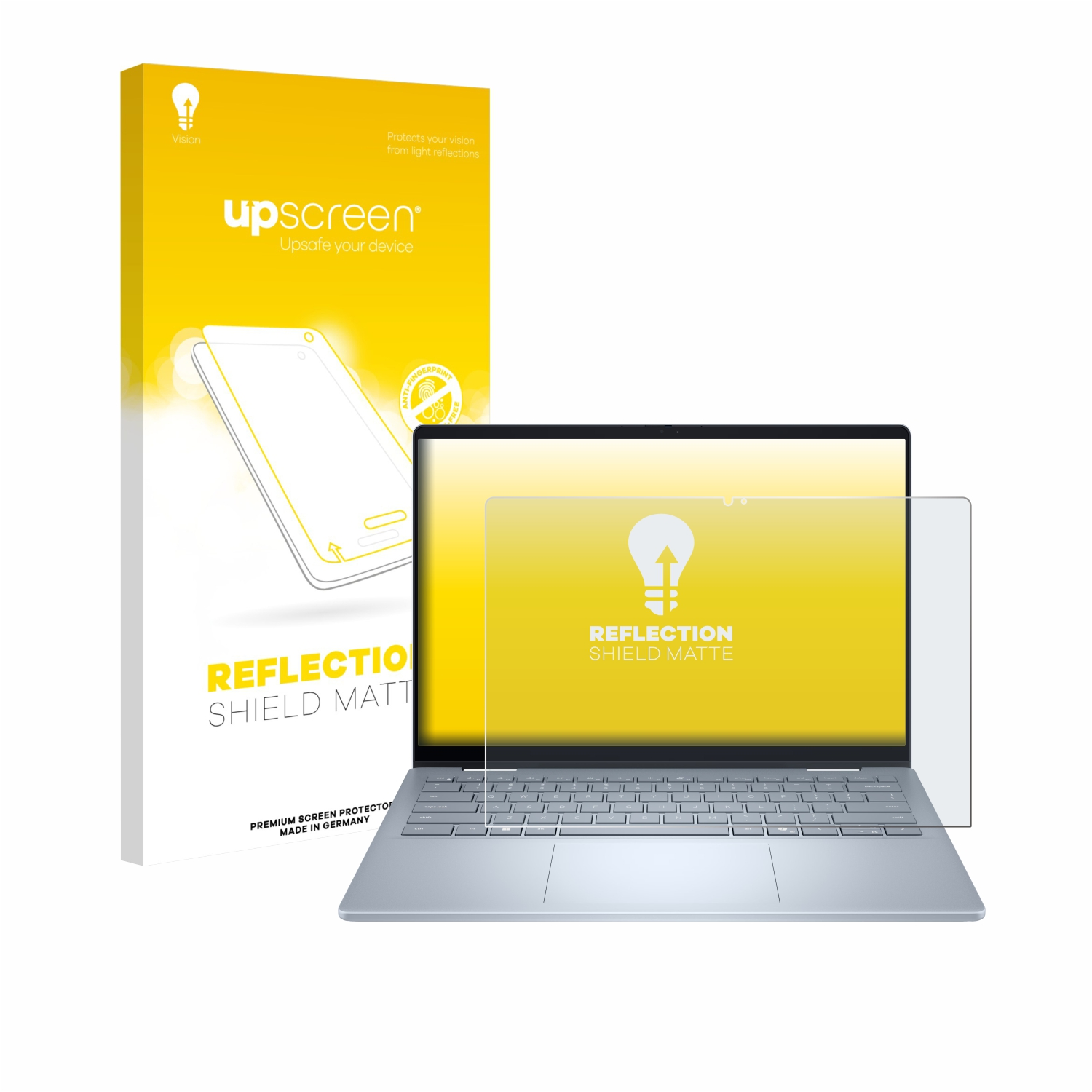 Laptop mit Displayschutzfolie und Box. Schutzfolie sagt 'REFLECTION SHIELD MATTE'.