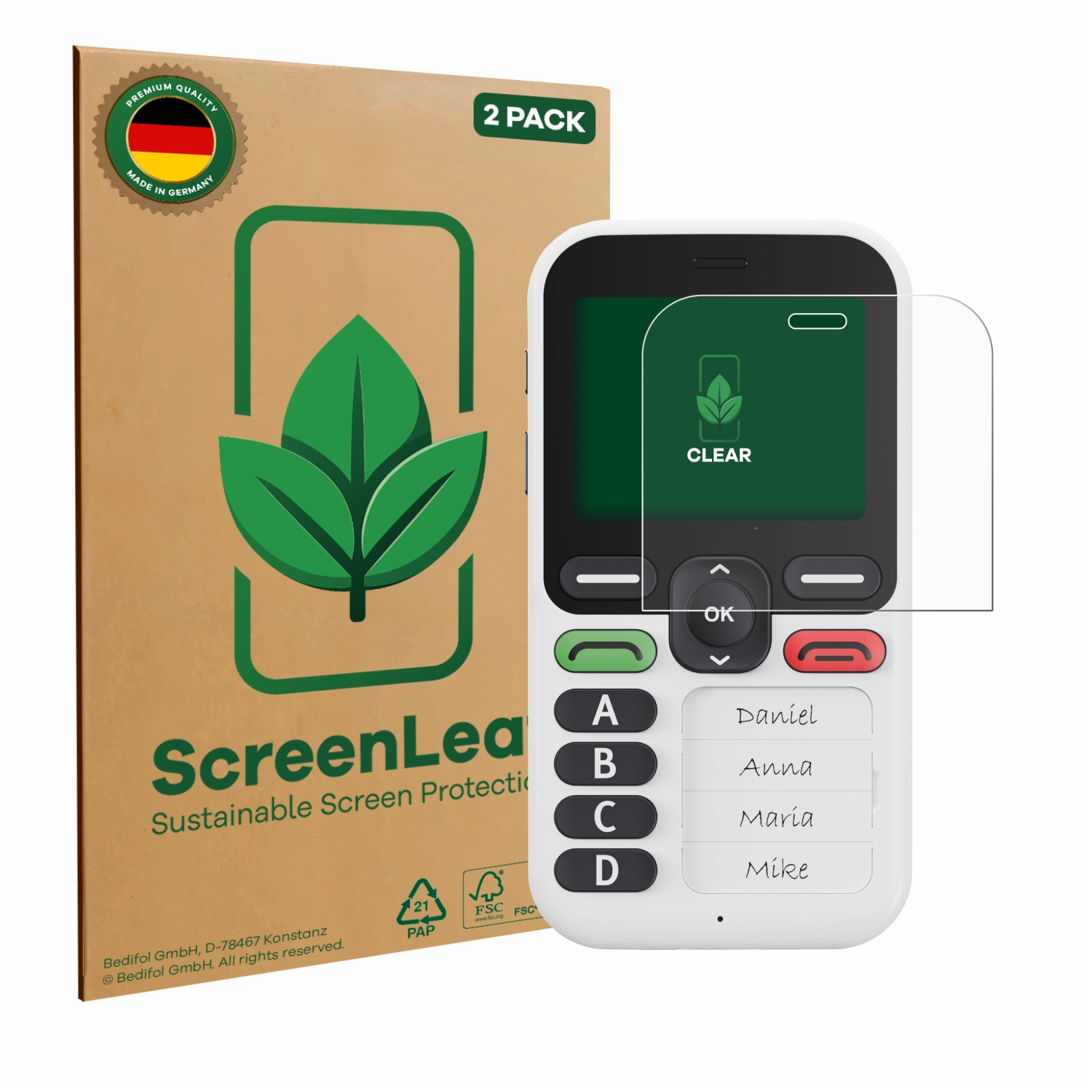 Ein Mobiltelefon mit Displayschutzfolie neben einer Produktbox. Die Box zeigt das Telefon, den Produktnamen und Funktionen.