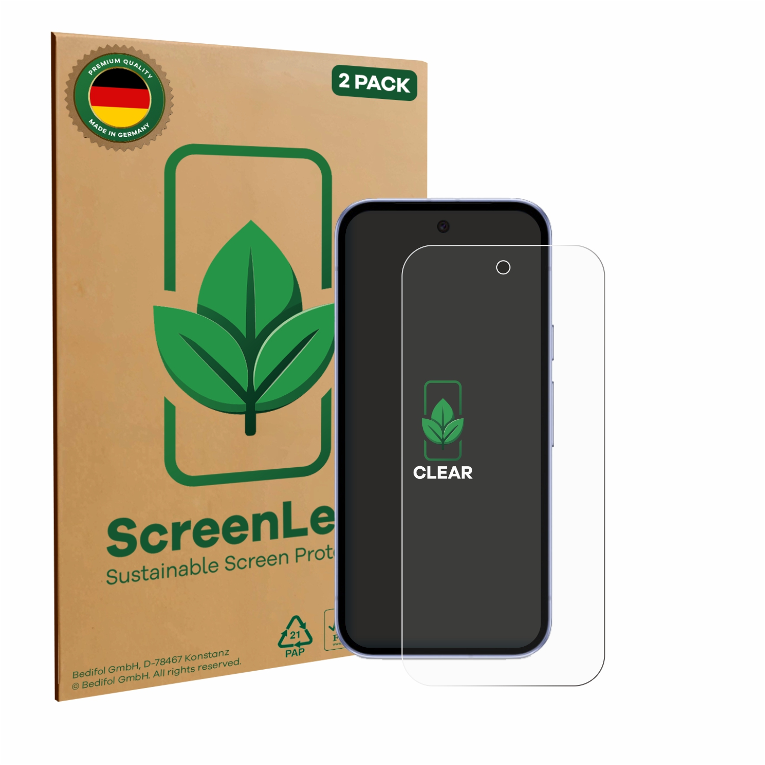 Ein Telefon, eine Telefondisplayschutzbox und ein Displayschutz.
