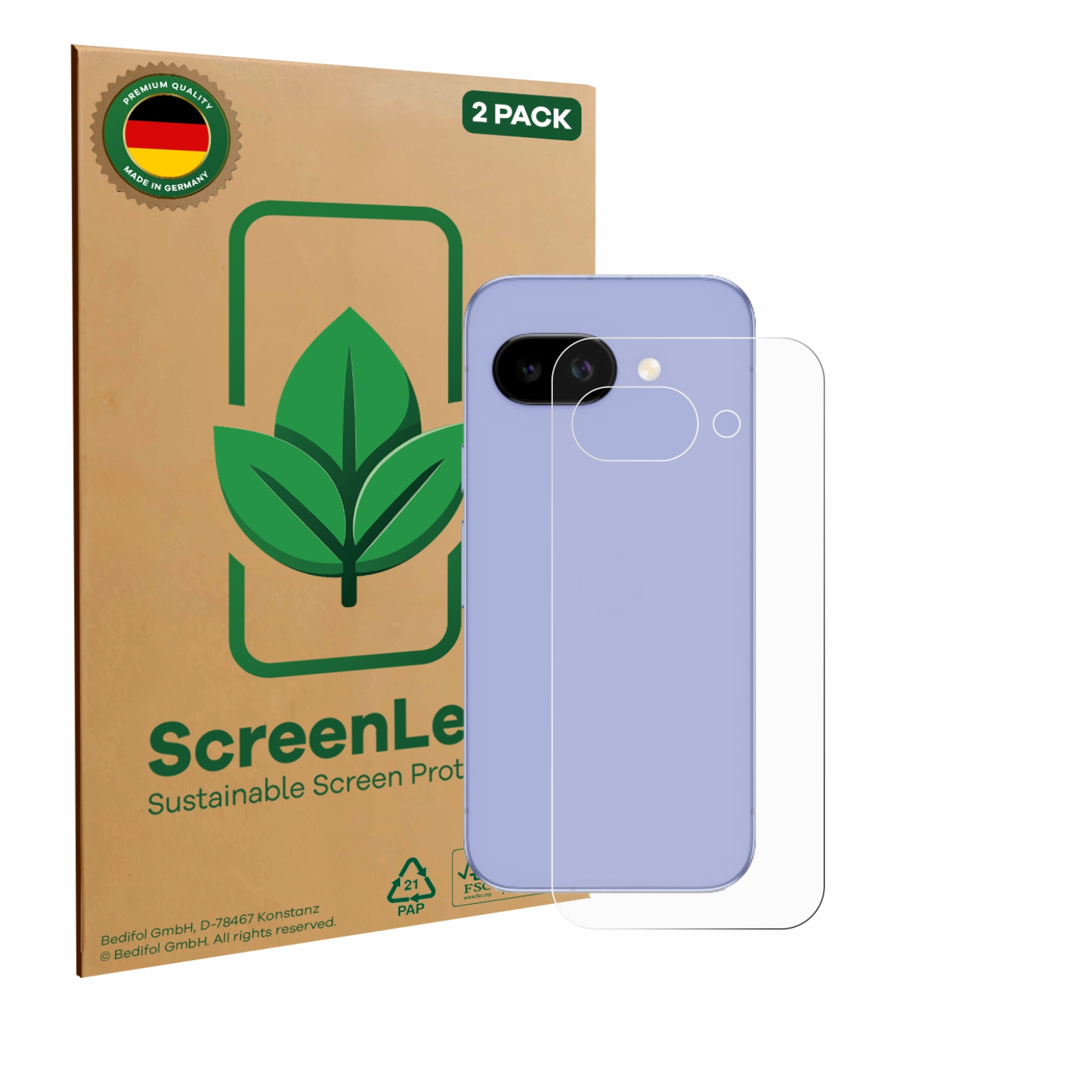 Ein Smartphone mit Displayschutz und eine Box mit der Aufschrift 'ScreenLe' und 'Sustainable Screen Protection'.