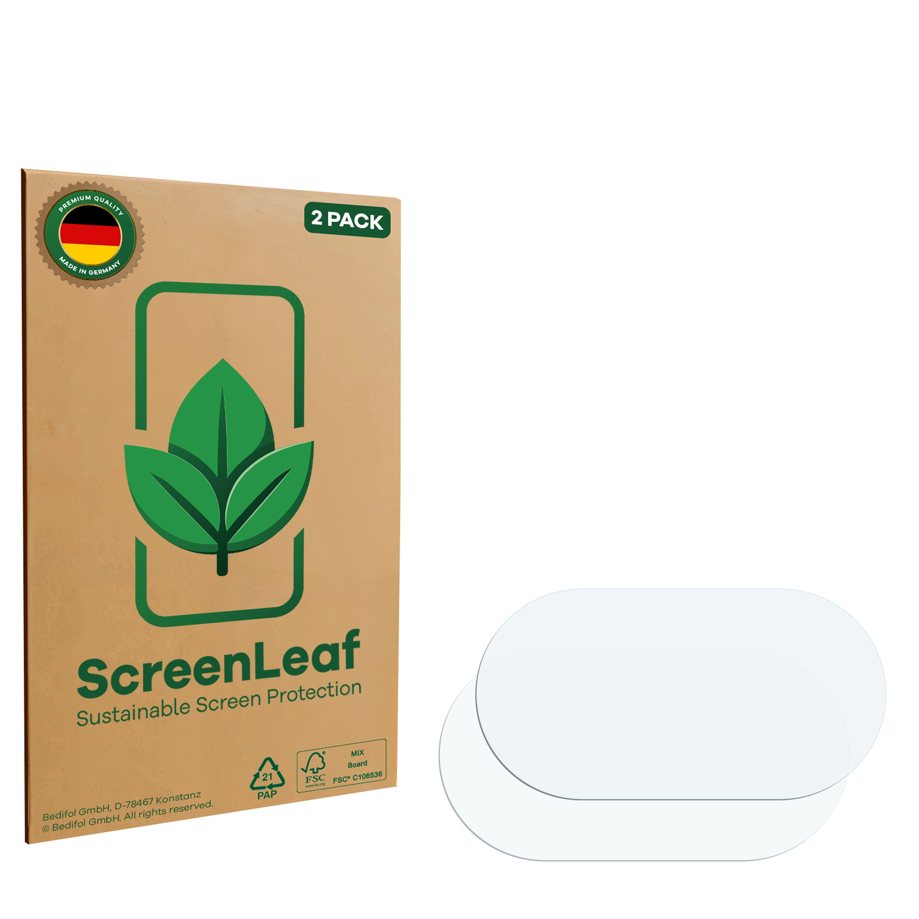 Zwei Displayschutzfolien in einer Verpackung, mit Logo und Text.