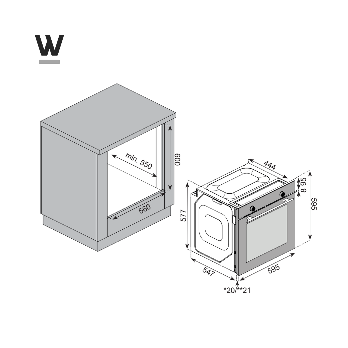 Een diagram met de afmetingen van een oven en de benodigde ruimte om hem te installeren.