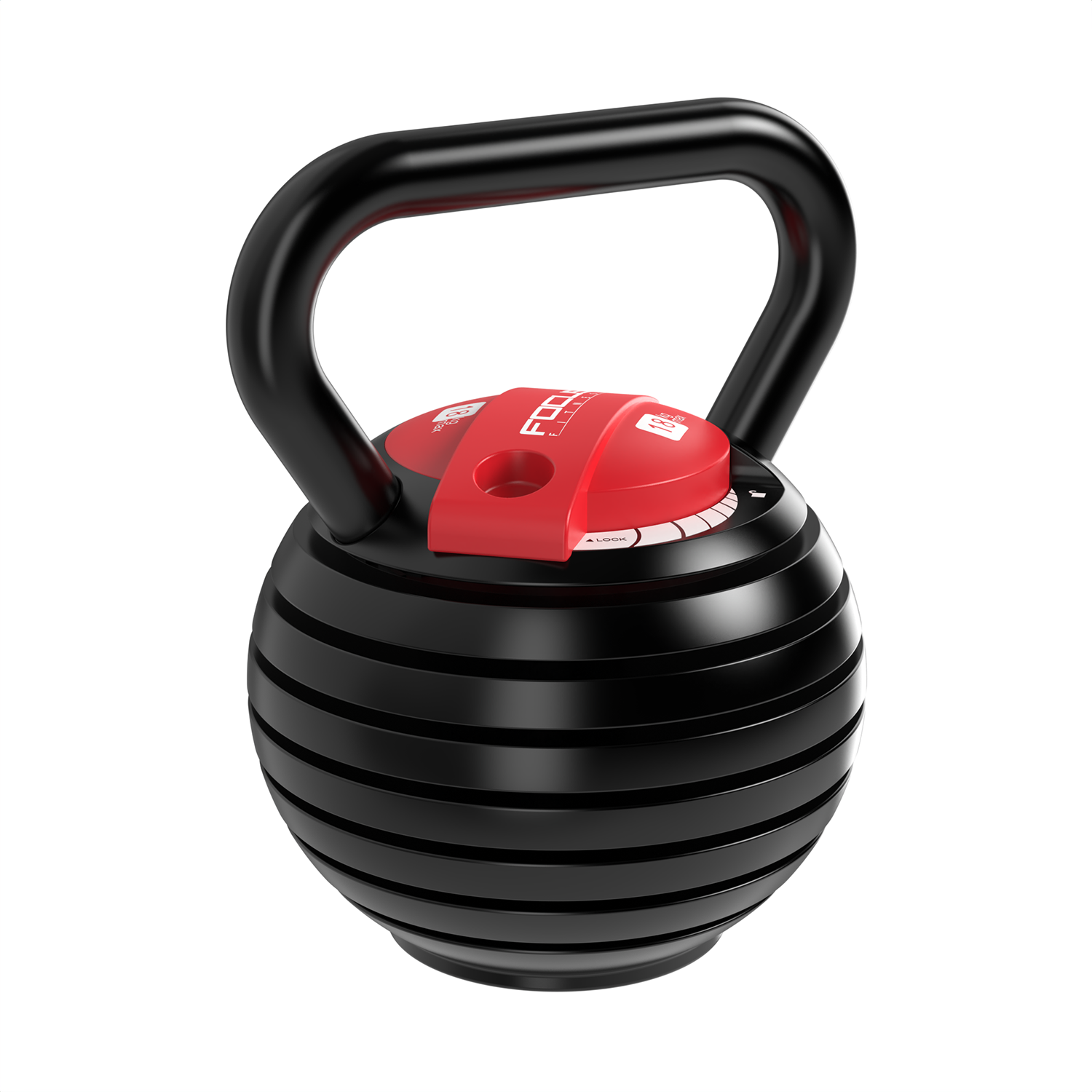 Black and red adjustable kettlebell with a handle.