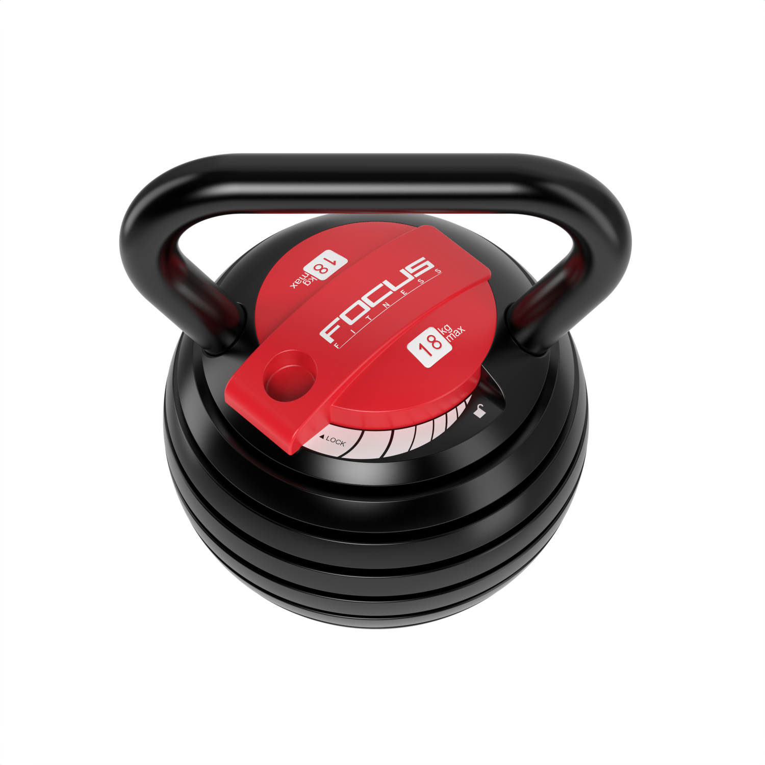 Black and red adjustable kettlebell, 18kg max weight, Focus Fitness.