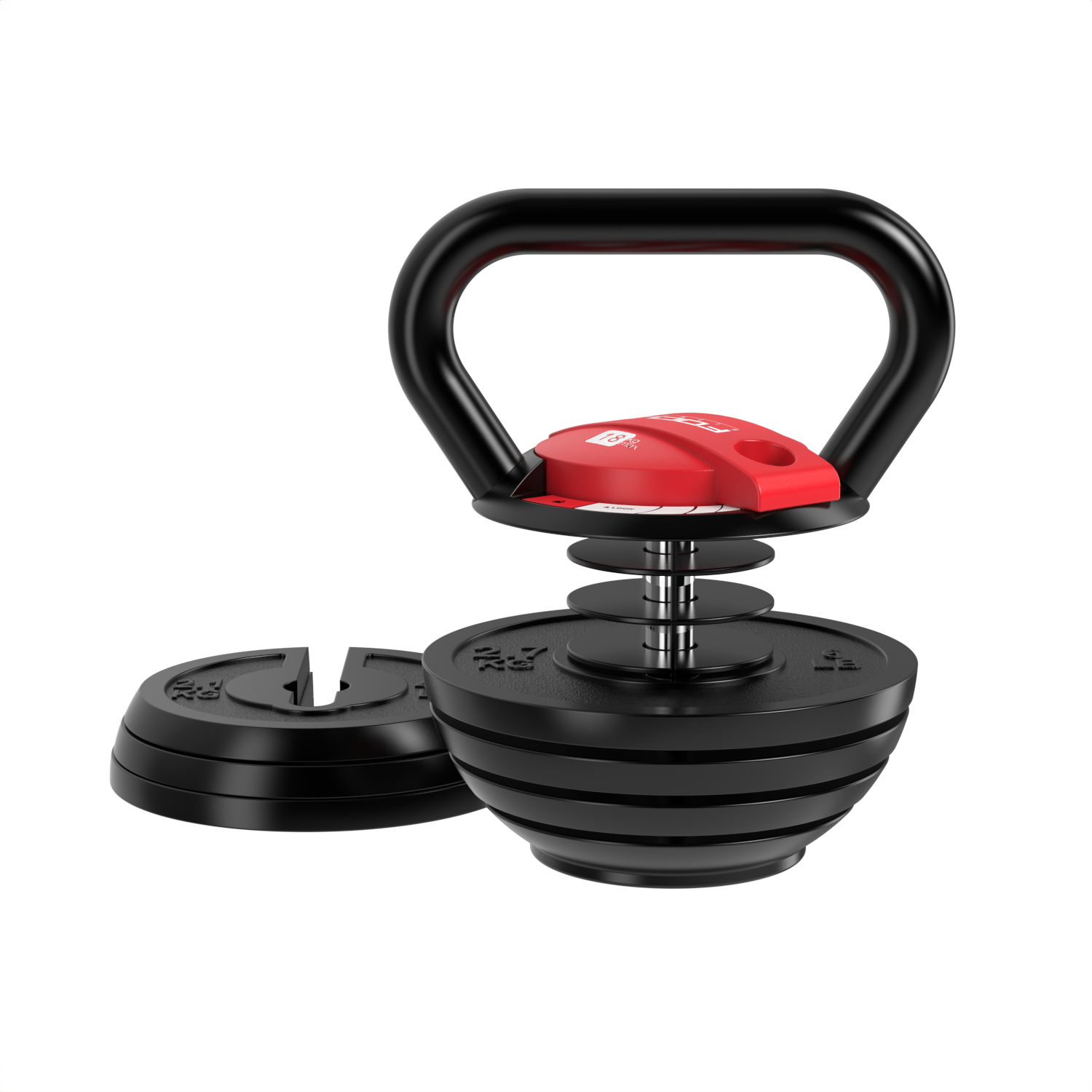 Adjustable kettlebell with black weights and red adjuster. White background.