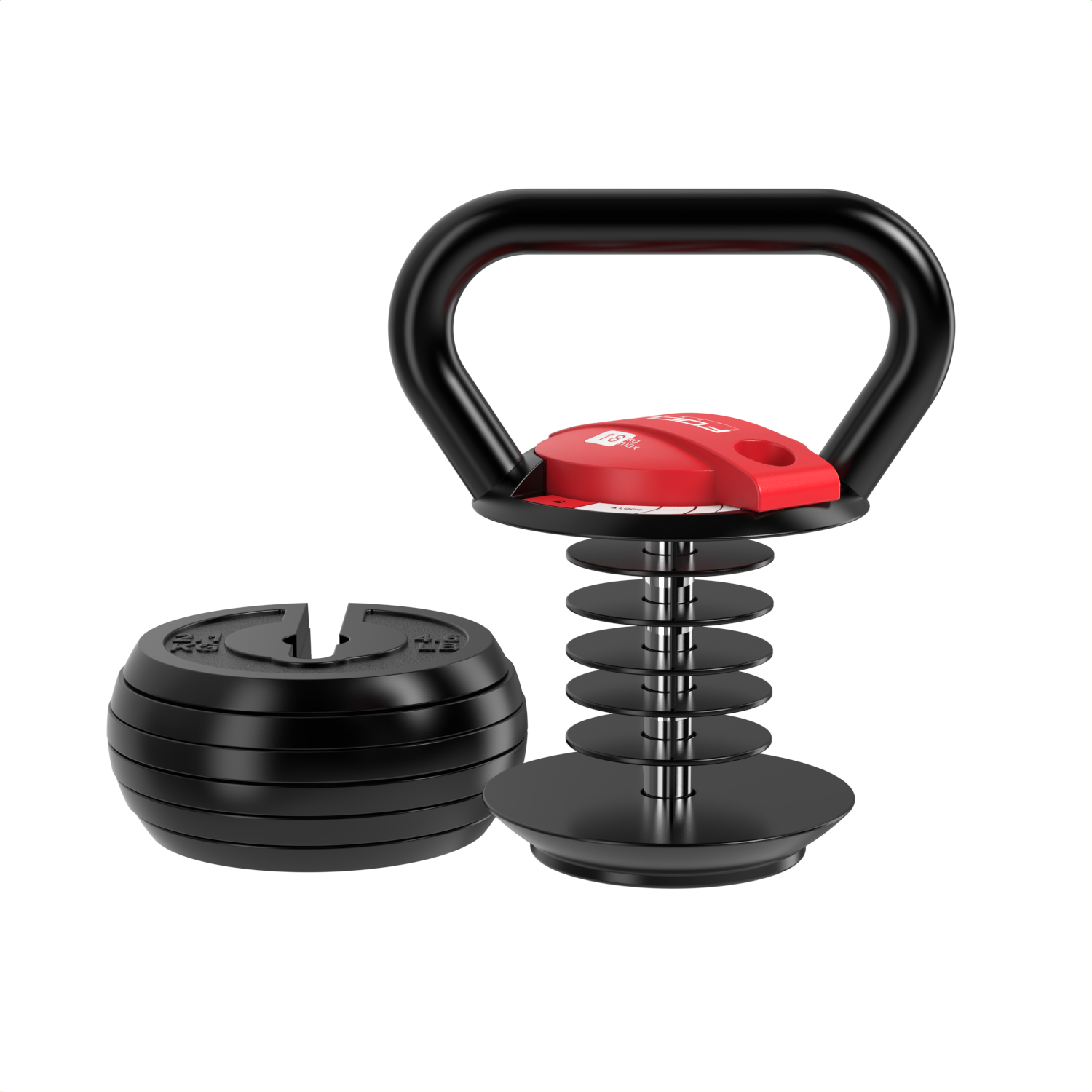 Adjustable kettlebell with weights on a white background.