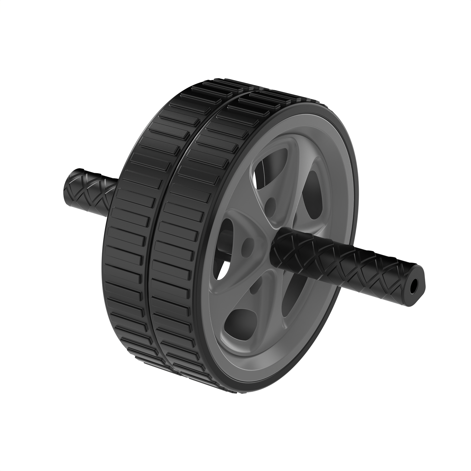 An ab wheel exercise roller, black and gray, with textured handles, is isolated on a white background.