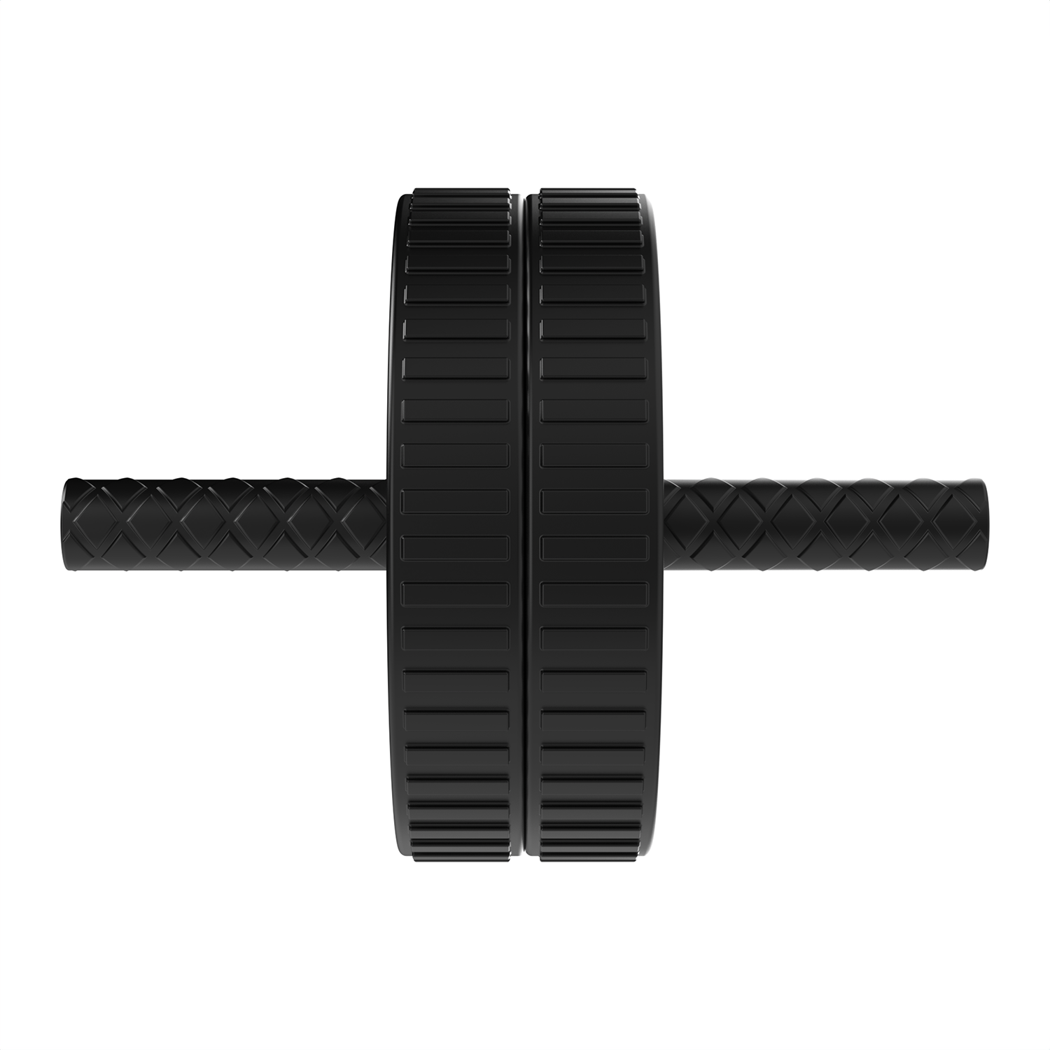 A black ab wheel on a white background. The wheel has two tires and a bar for grip. It is used for exercise.