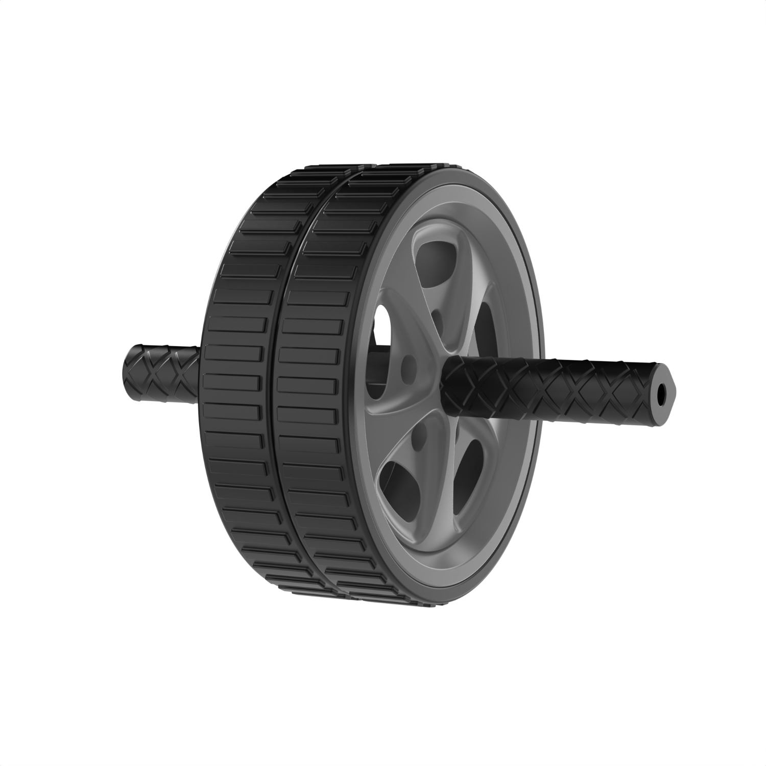 An ab wheel. Black, grooved wheels with a gray center, and black handles. Isolated on white background.