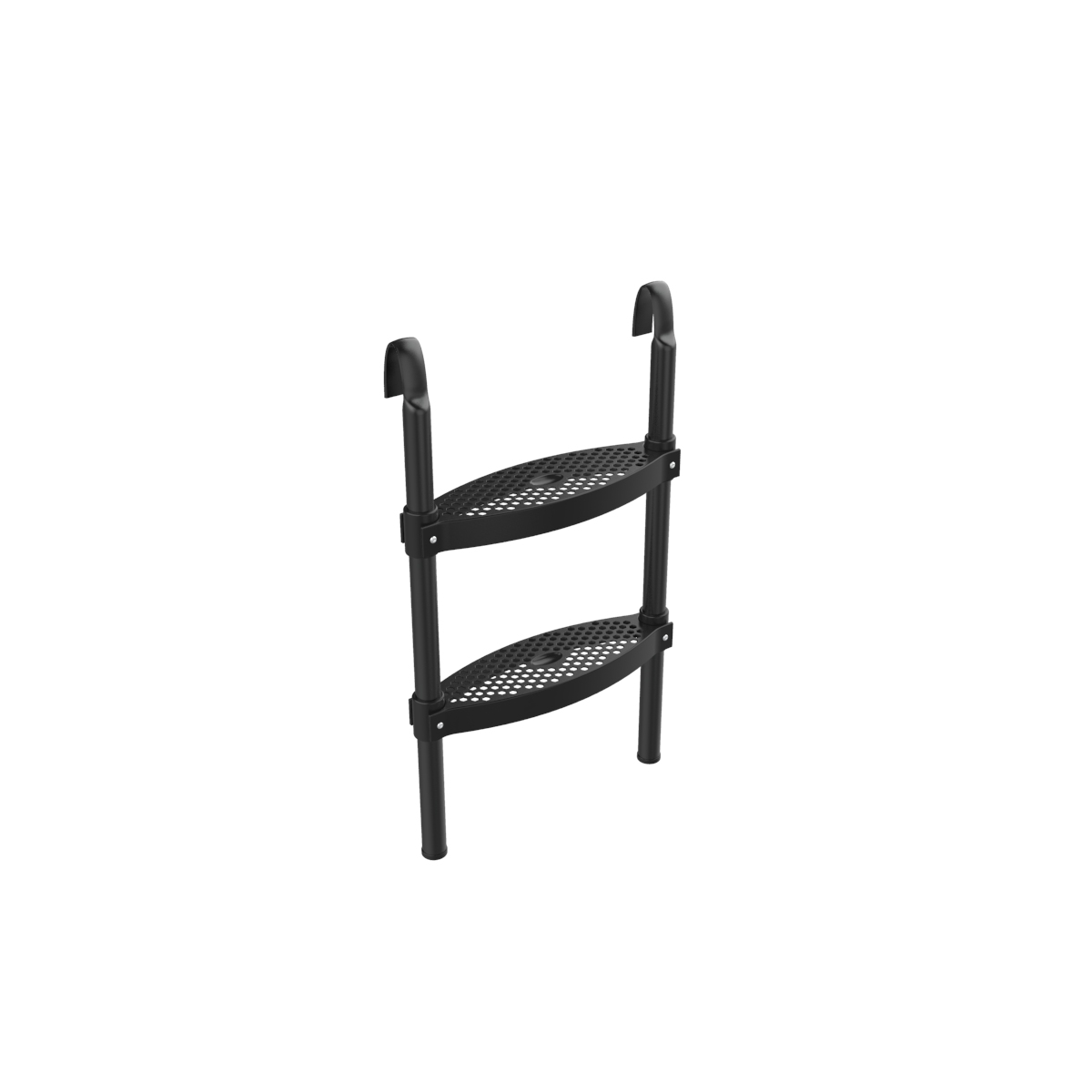 Een zwarte metalen ladder met twee treden, haken aan de bovenkant en een witte achtergrond.