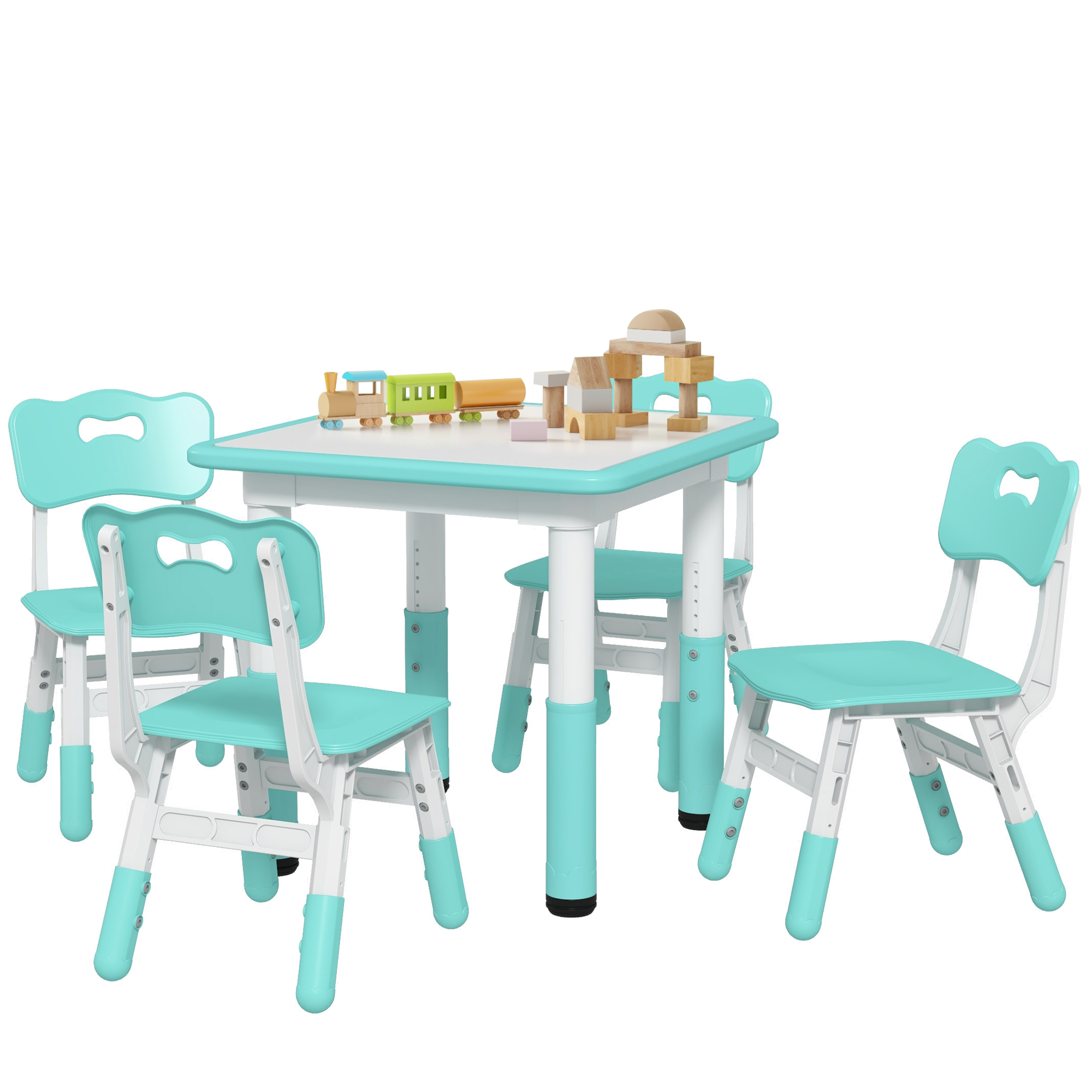 Un set di tavolo e sedie per bambini, azzurro, con giocattoli sul tavolo.