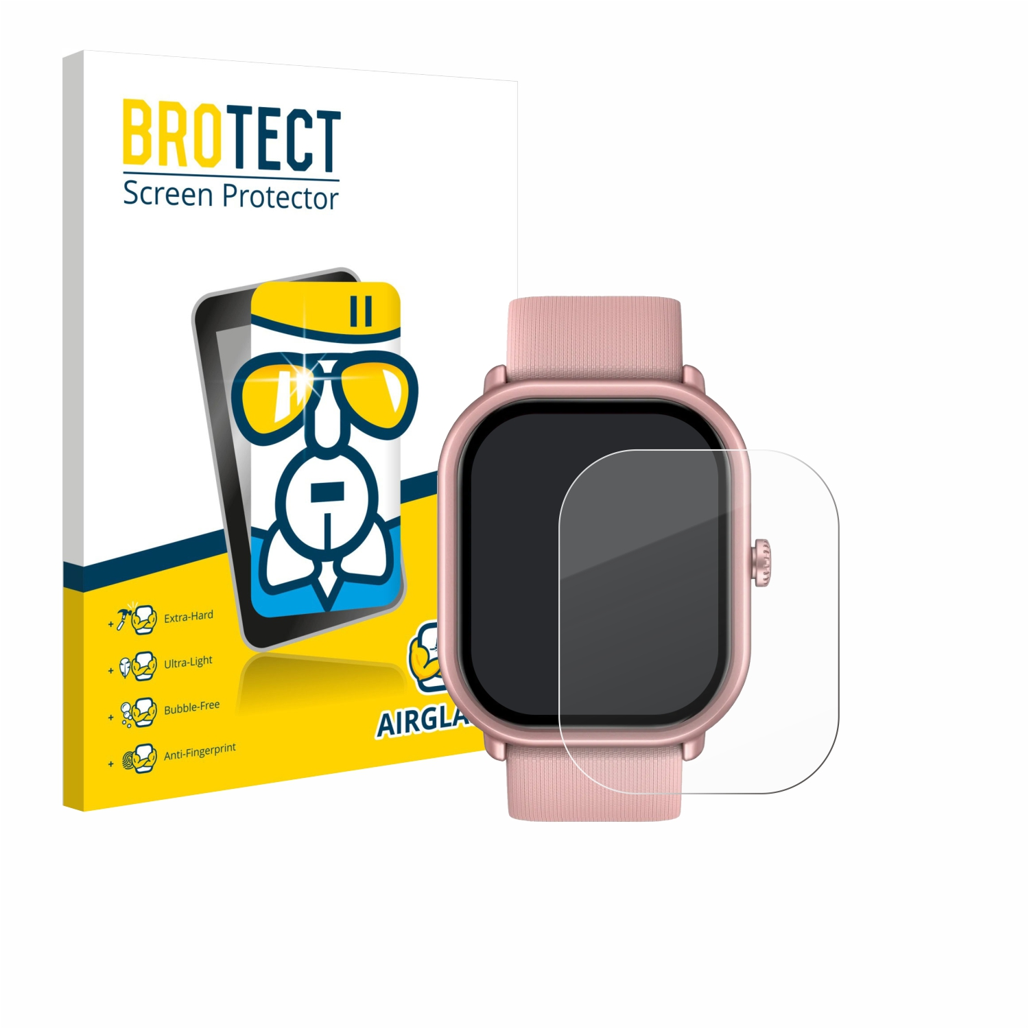 Smartwatch mit Displayschutzfolie neben der Verpackung. Die Verpackung zeigt das Logo.