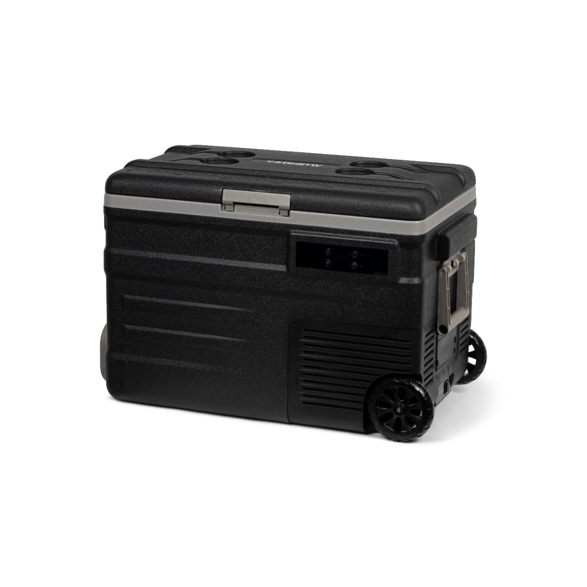 Zwarte draagbare koeler met wielen, handvat en bekerhouders bovenop.