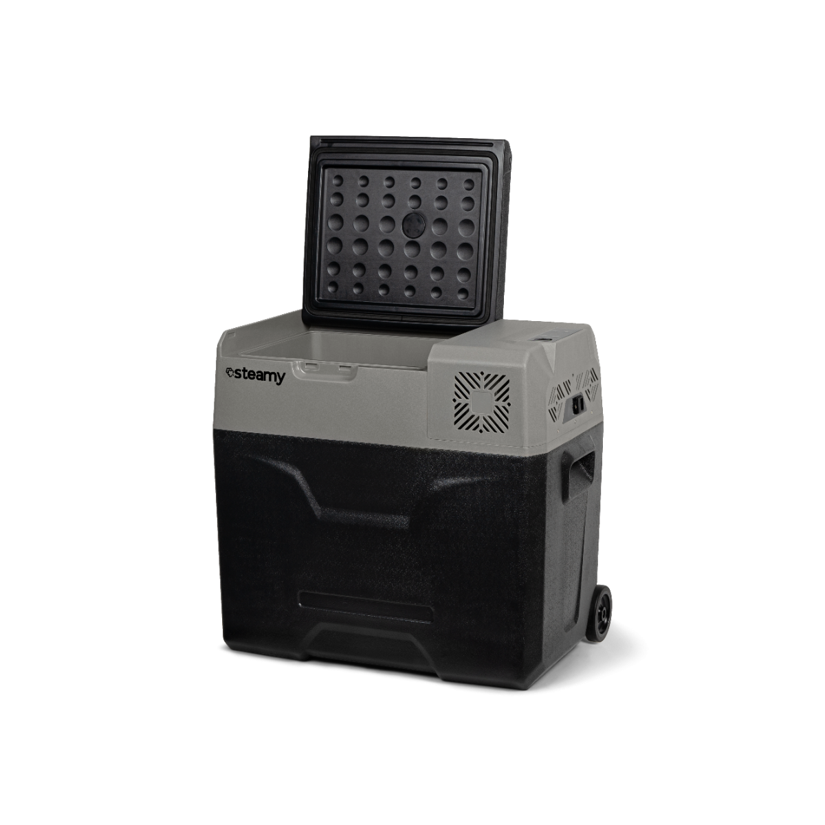 Glacière portable noire et grise avec couvercle ouvert, roues et la marque Steamy.