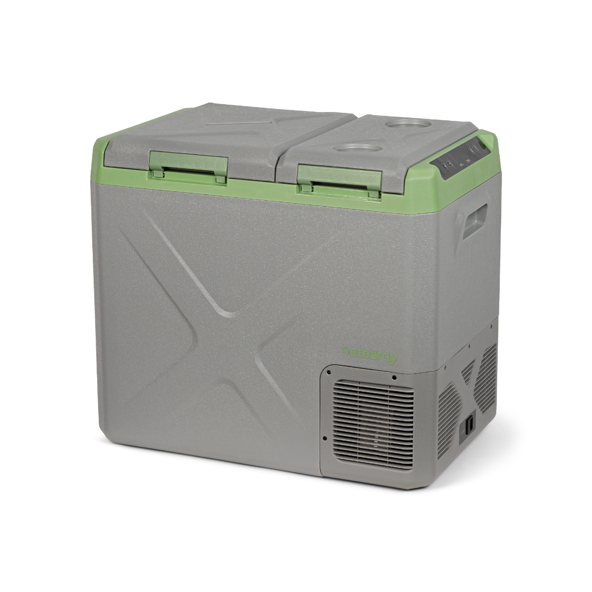 Graue und grüne Kühlbox mit zwei Fächern. Schwarzer Hintergrund. Ein Lüftungsschlitz und ein Stromeingang sind sichtbar.