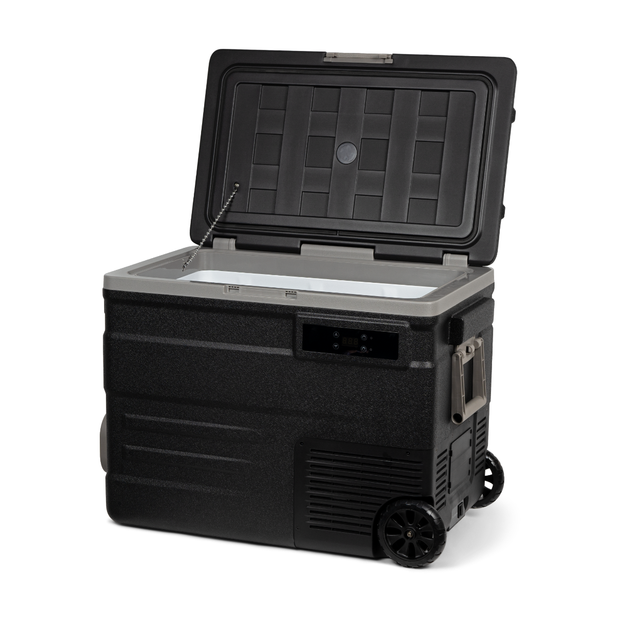 Réfrigérateur portable noir avec roues et couvercle, ouvert pour montrer l'intérieur.