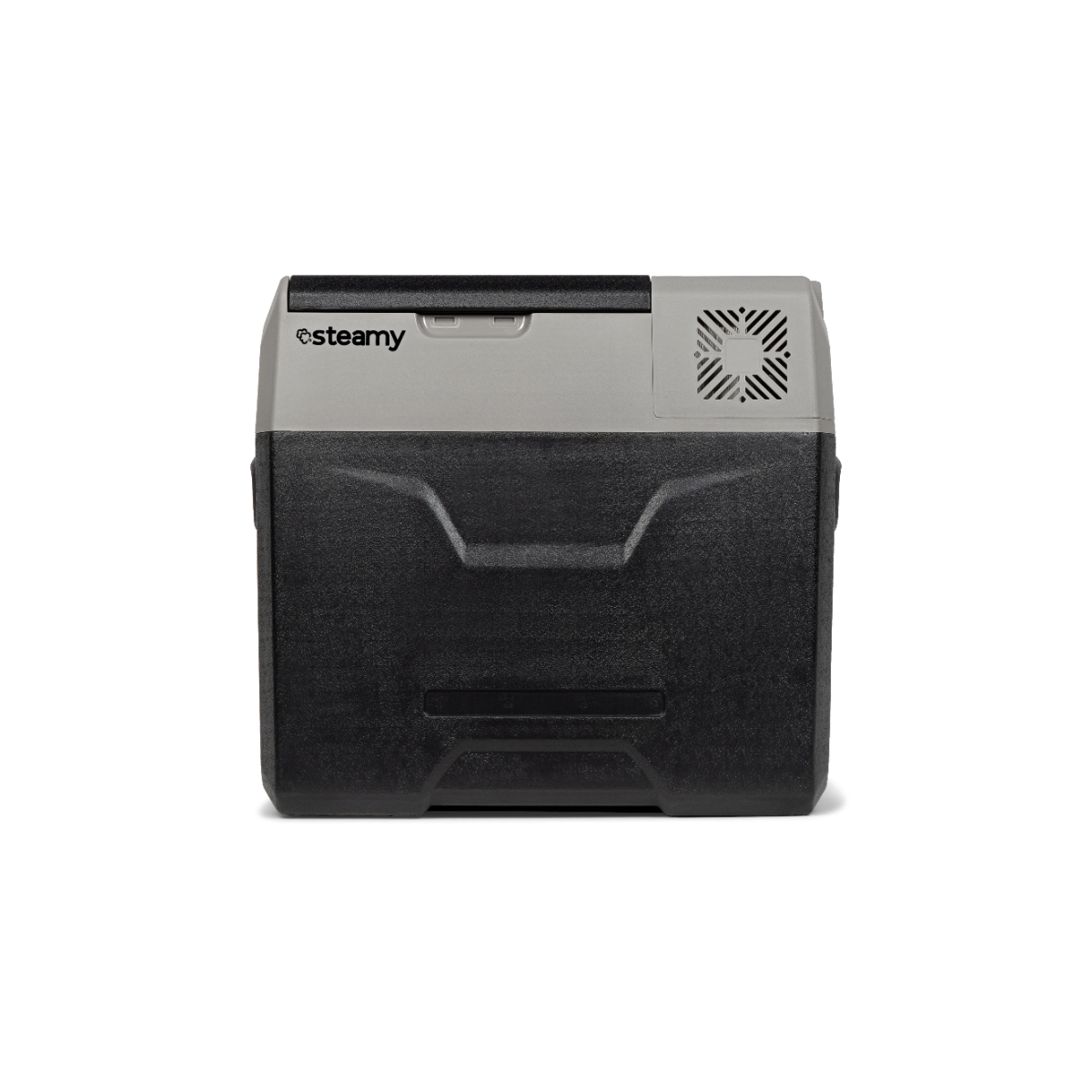 Réfrigérateur portable Steamy noir et gris, avec un ventilateur sur le côté.