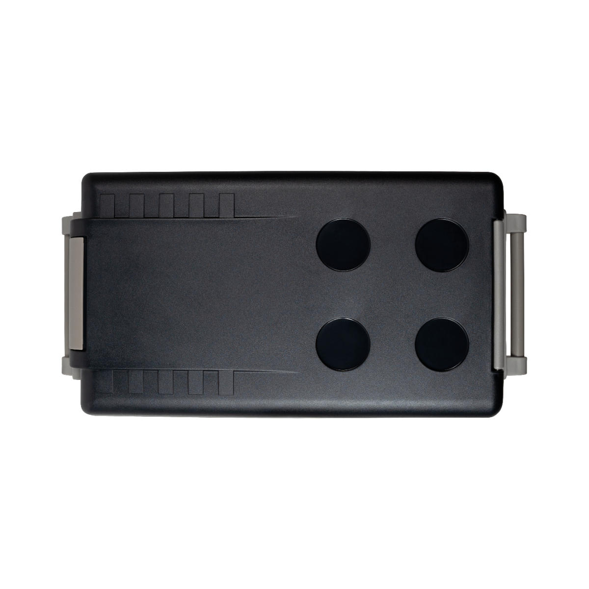 Boîtier d'ordinateur rectangulaire noir avec quatre trous circulaires en haut. Poignées argentées sur les côtés.