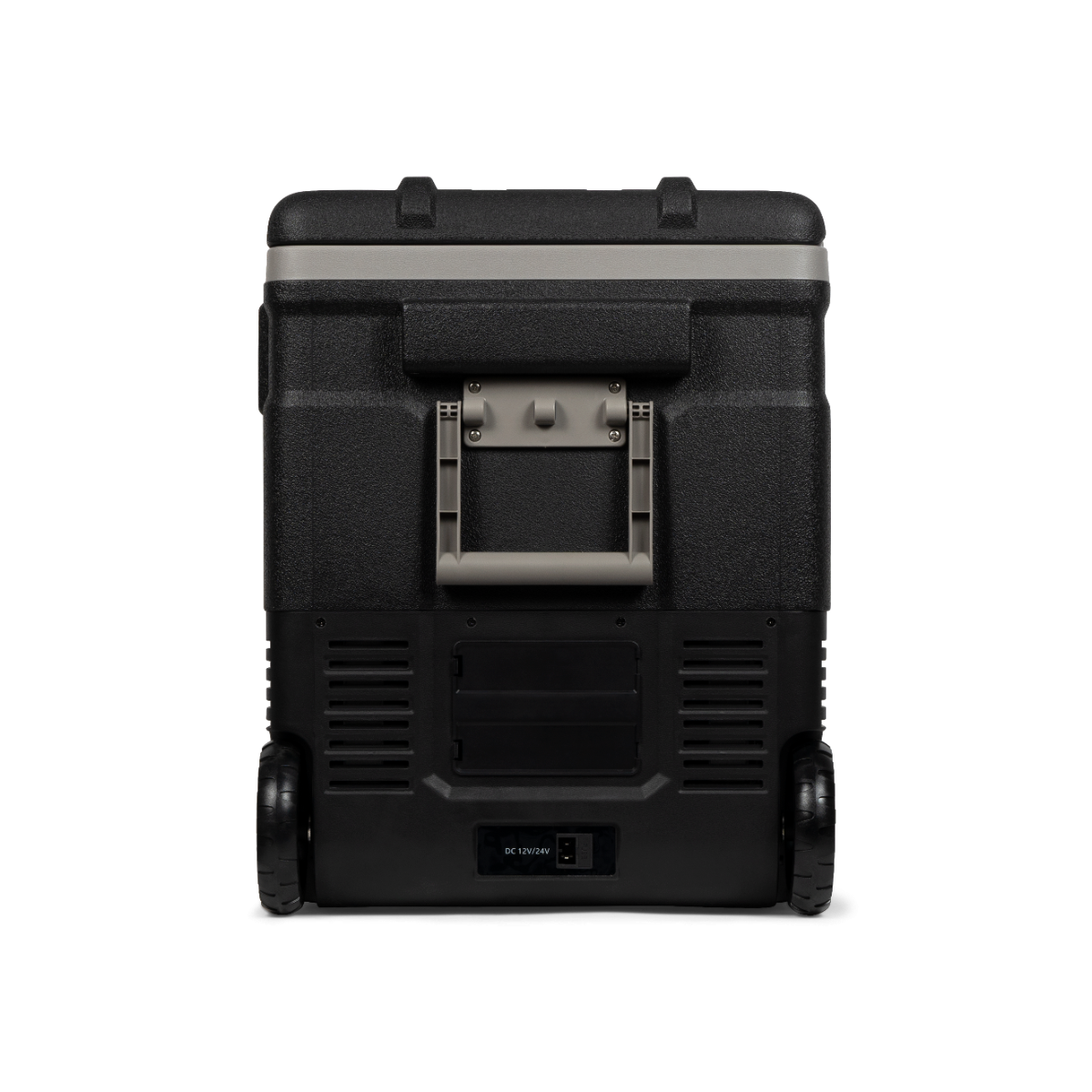 Une glacière noire avec roues, une poignée et une entrée CC 12V/24V.