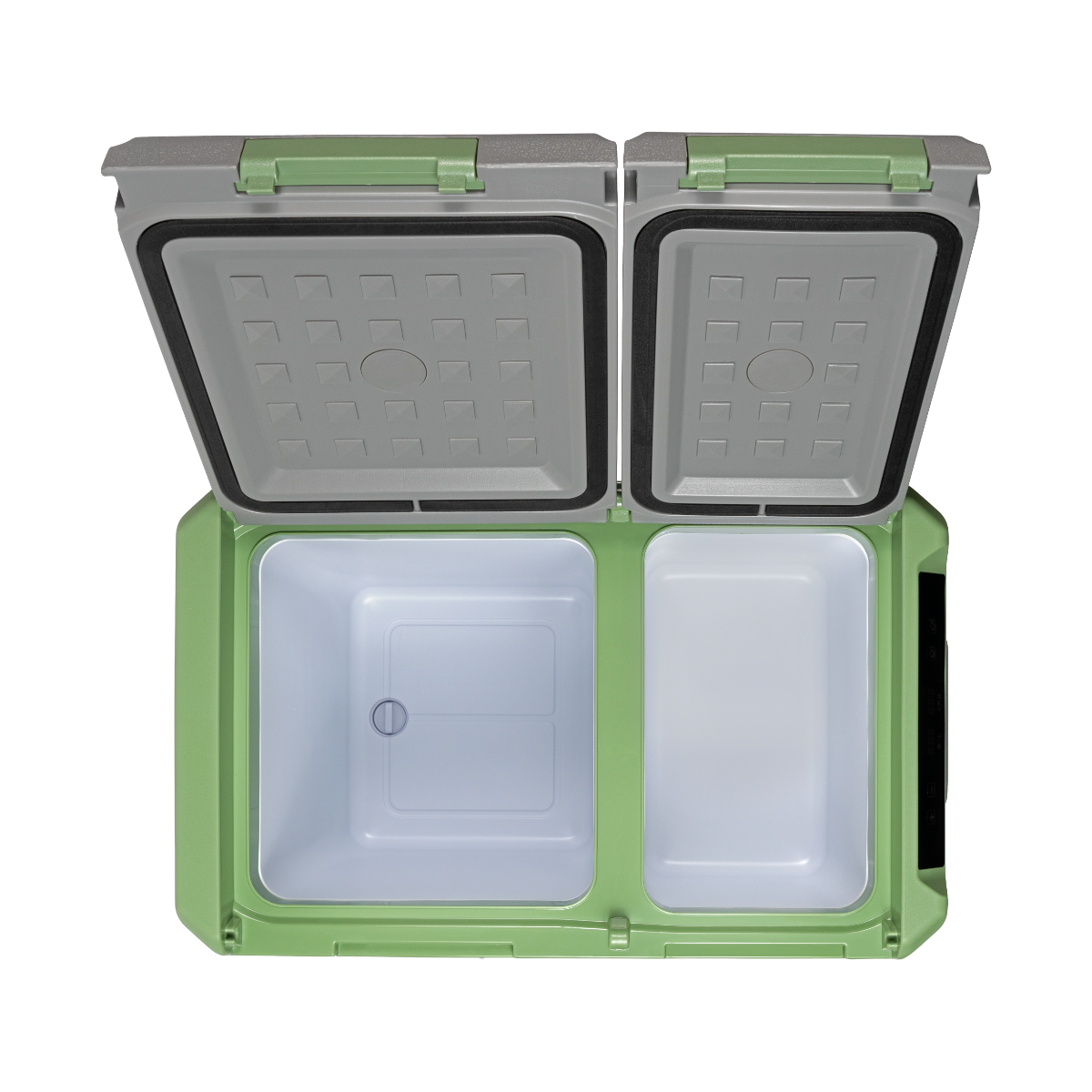 Grüne und graue Kühlbox mit geöffneten Deckeln, die zwei Fächer zeigen.