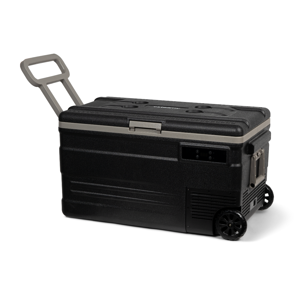 Eine schwarze Kühlbox mit Rädern und Griff, für Mobilität und Outdoor-Einsatz konzipiert.