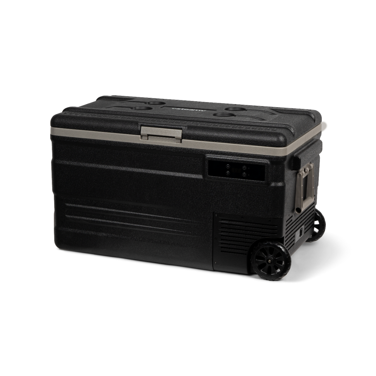 Schwarze Kühlbox mit Rädern. Es hat einen Griff an der Seite und ein Bedienfeld auf der Vorderseite.