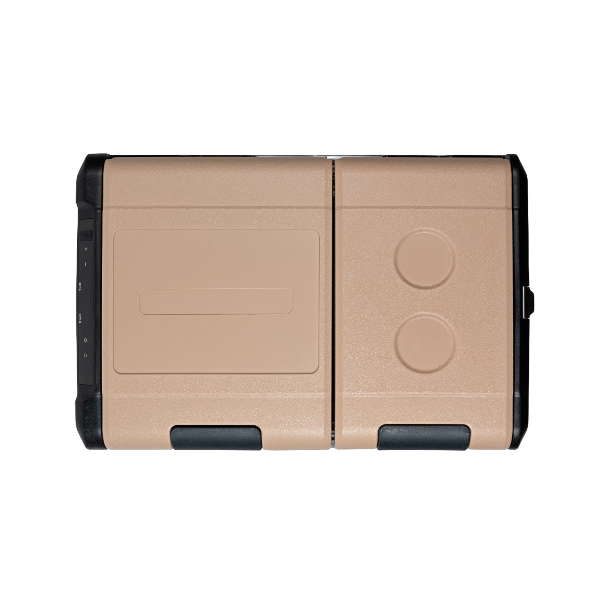 Beige tragbarer Kühlschrank, mit geschlossenem Deckel und zwei runden Knöpfen.