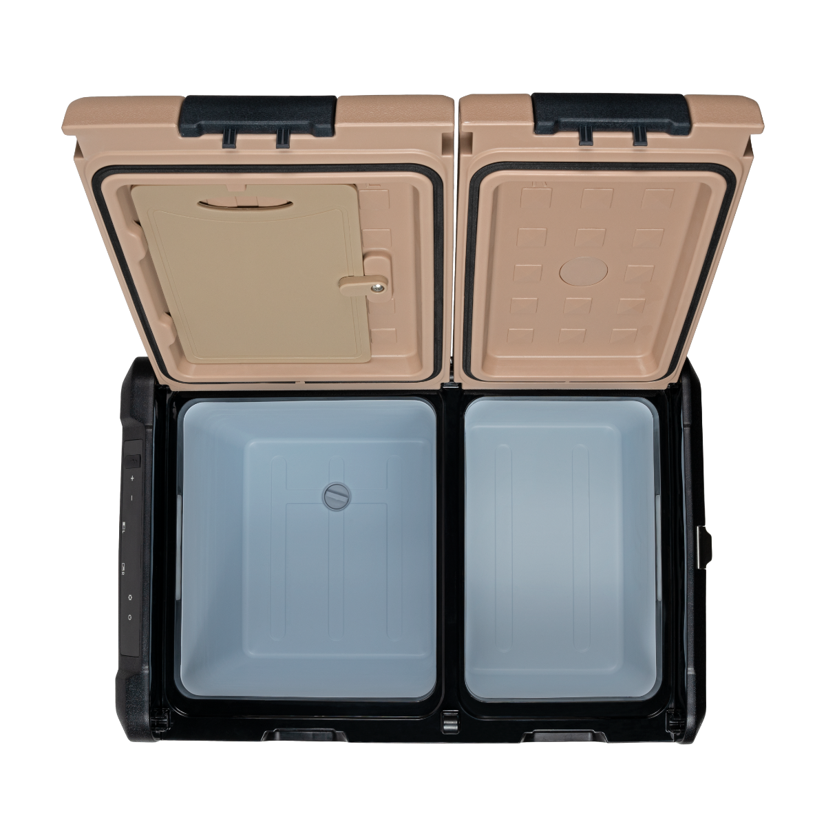 Beige-schwarze Kühlbox, offener Deckel, mit zwei Fächern. Schwarzer Hintergrund.