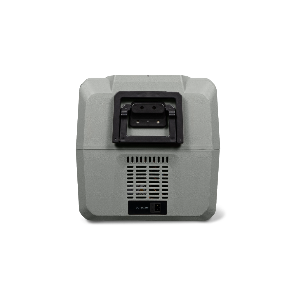 Un réfrigérateur portable gris avec une poignée noire et une ventilation à l'arrière. Fond noir.