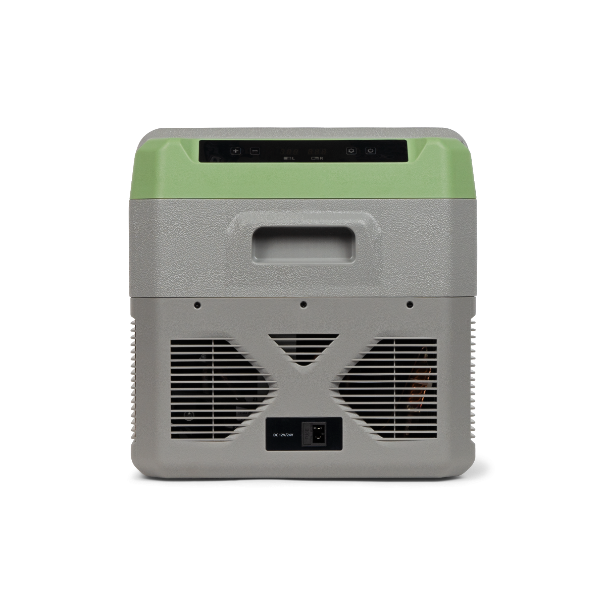 Un réfrigérateur portable gris et vert avec des grilles d'aération et un interrupteur d'alimentation sur fond noir.
