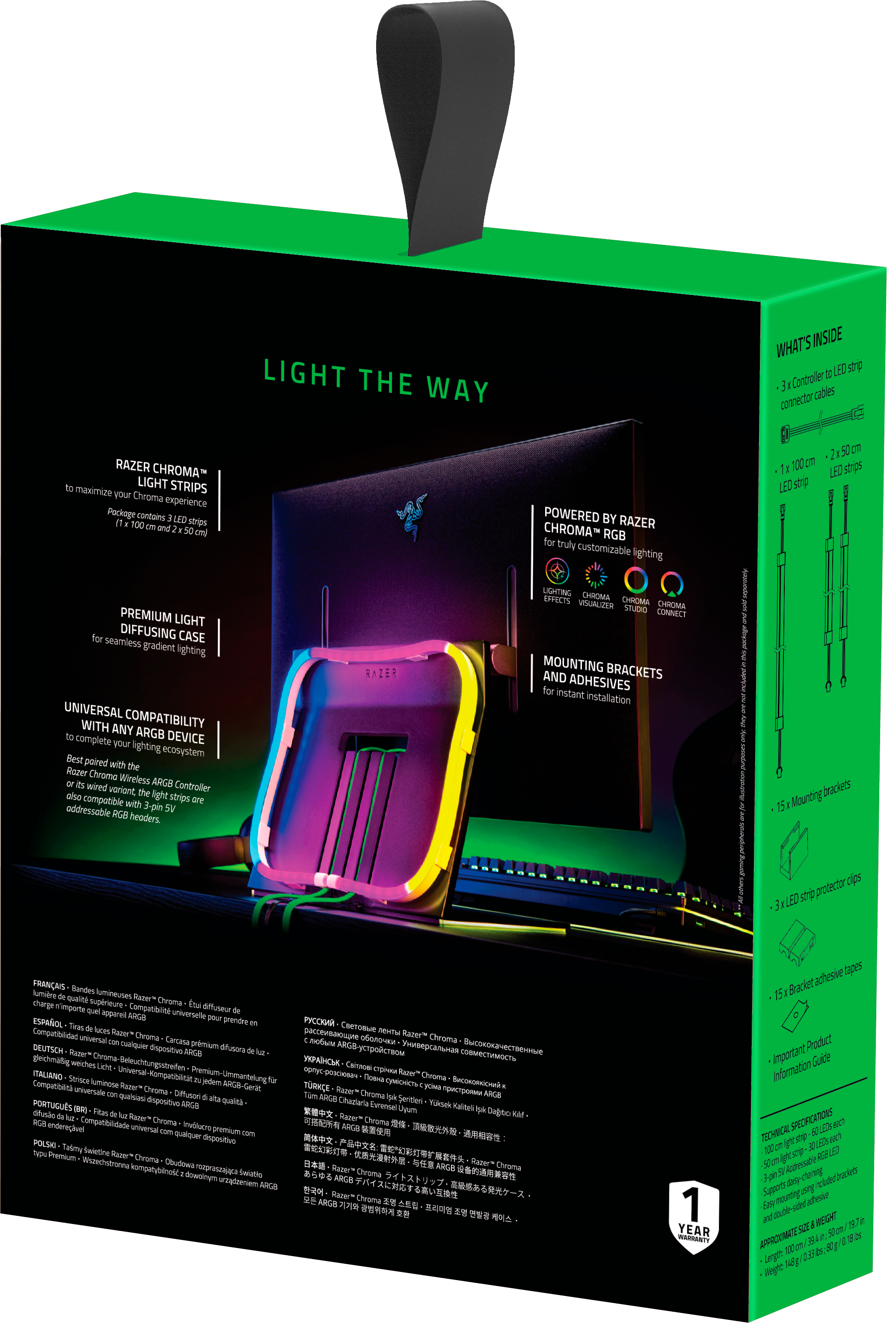 Razer Chroma RGB Box. Schwarzer Hintergrund mit Produktinformationen. Grüne Akzente.