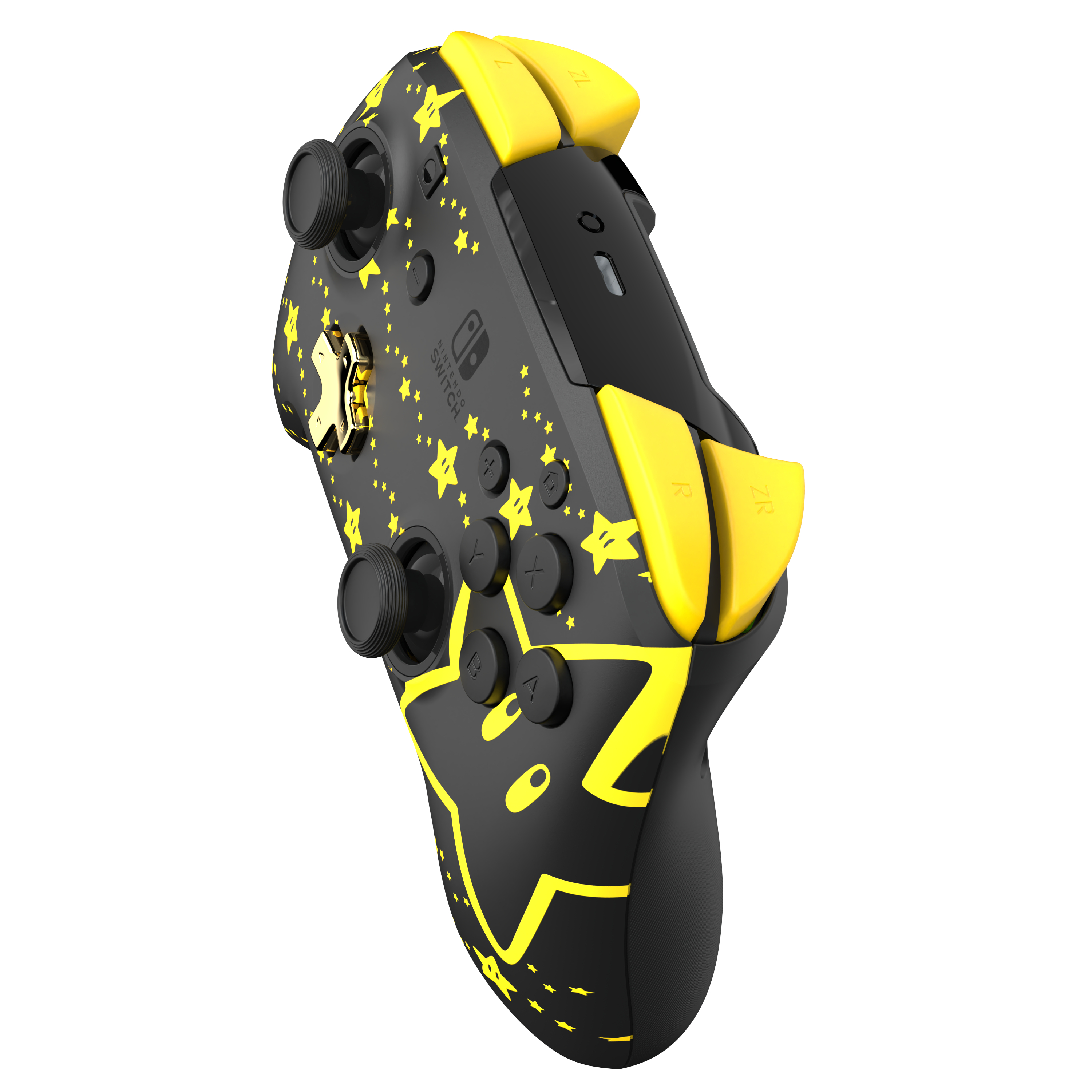 Czarny kontroler Nintendo Switch z żółtymi gwiazdami i przyciskami, z motywem Pikachu.