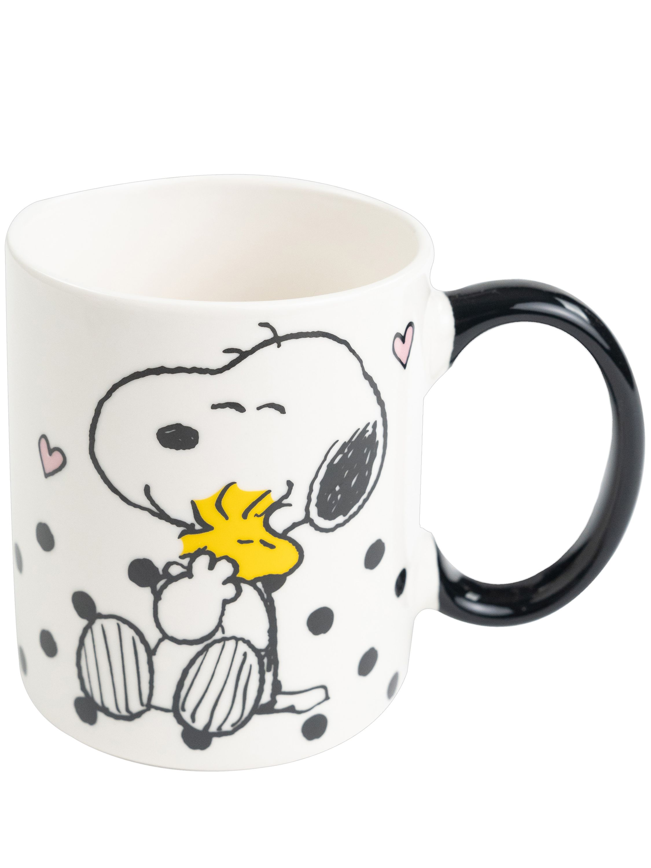 Snoopy-Tasse. Snoopy umarmt Woodstock. Schwarzer Henkel und Tupfen auf weißem Hintergrund.