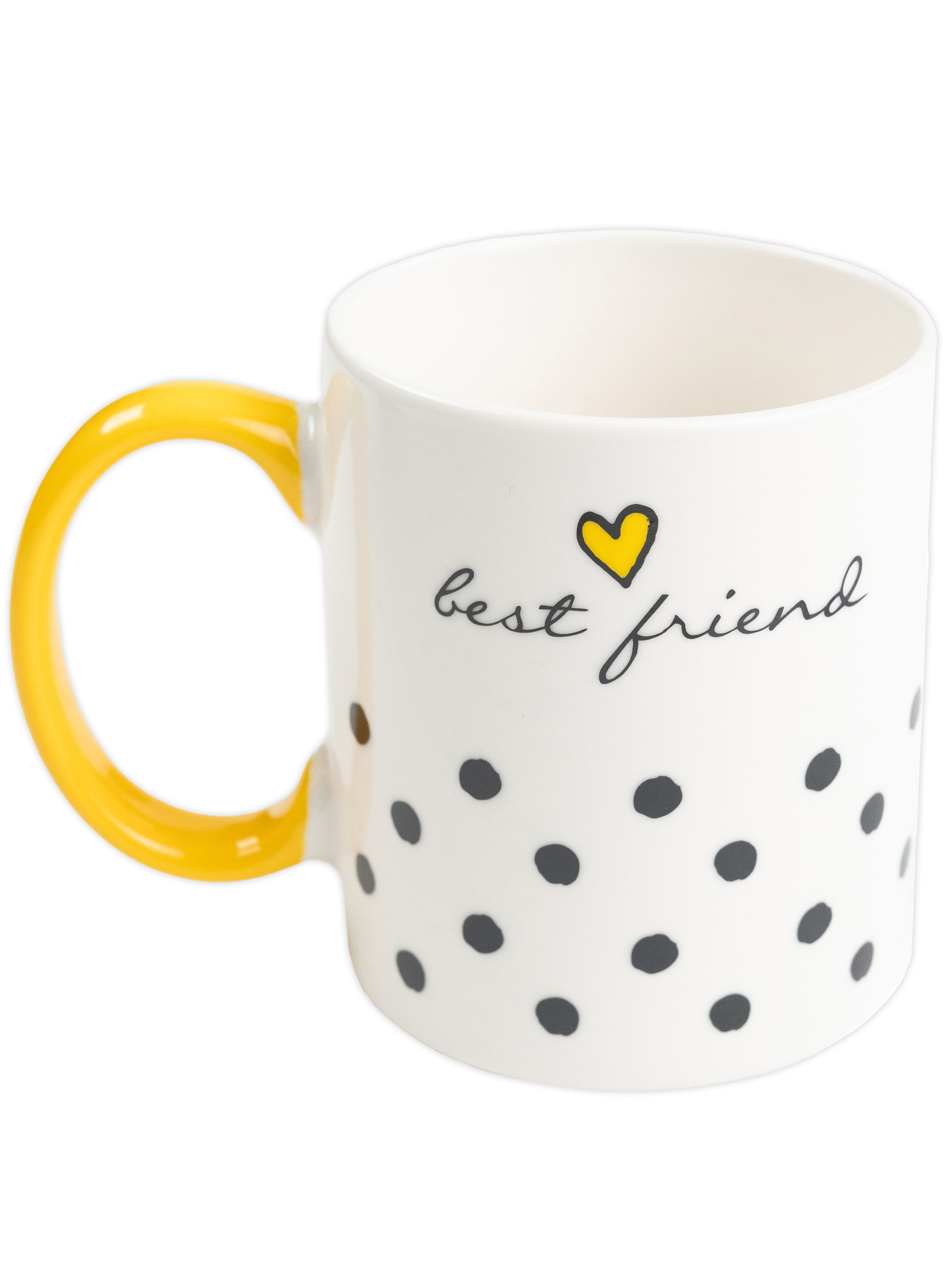 Weiße Tasse mit schwarzen Punkten, gelbem Henkel und dem Text 'best friend'.